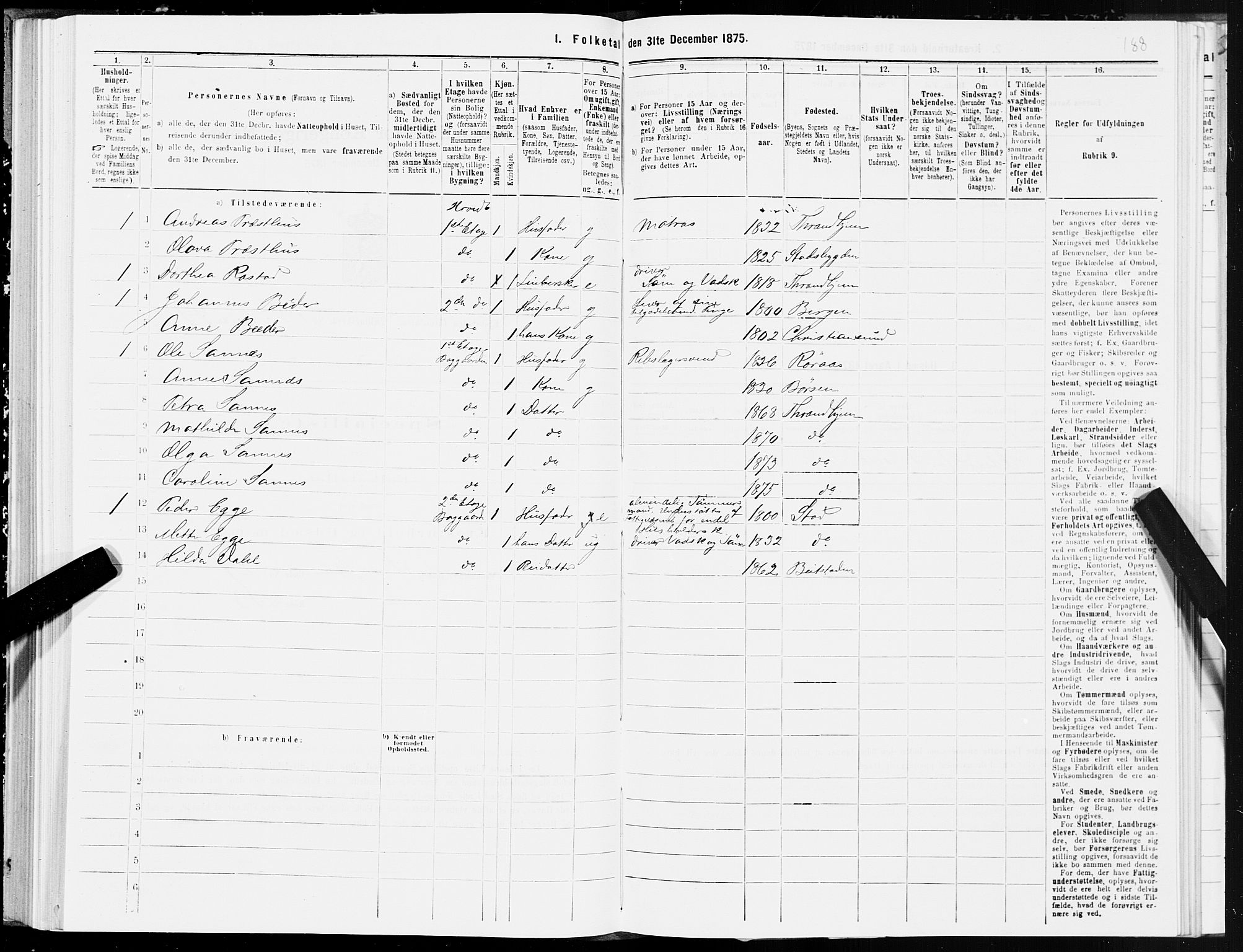 SAT, 1875 census for 1601 Trondheim, 1875, p. 7188