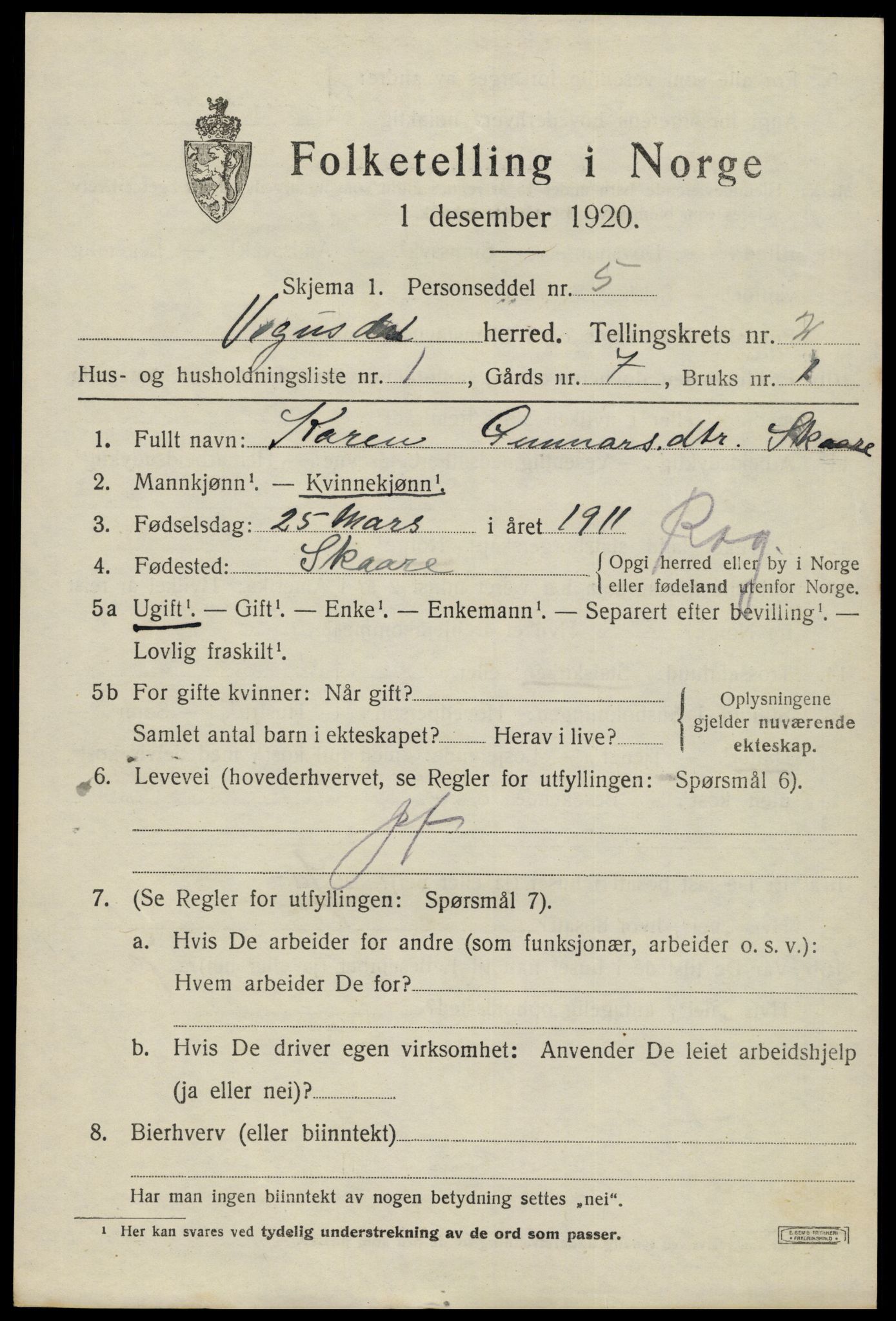 SAK, 1920 census for Vegusdal, 1920, p. 637