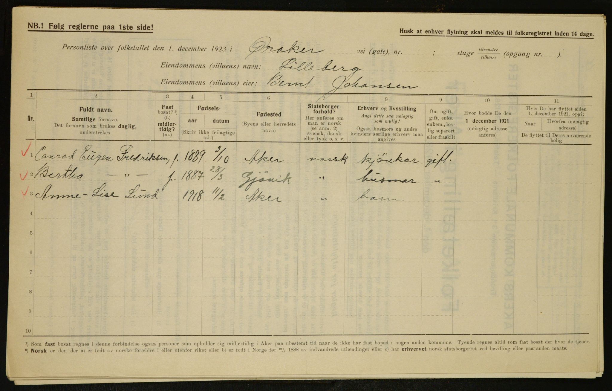 , Municipal Census 1923 for Aker, 1923, p. 7386