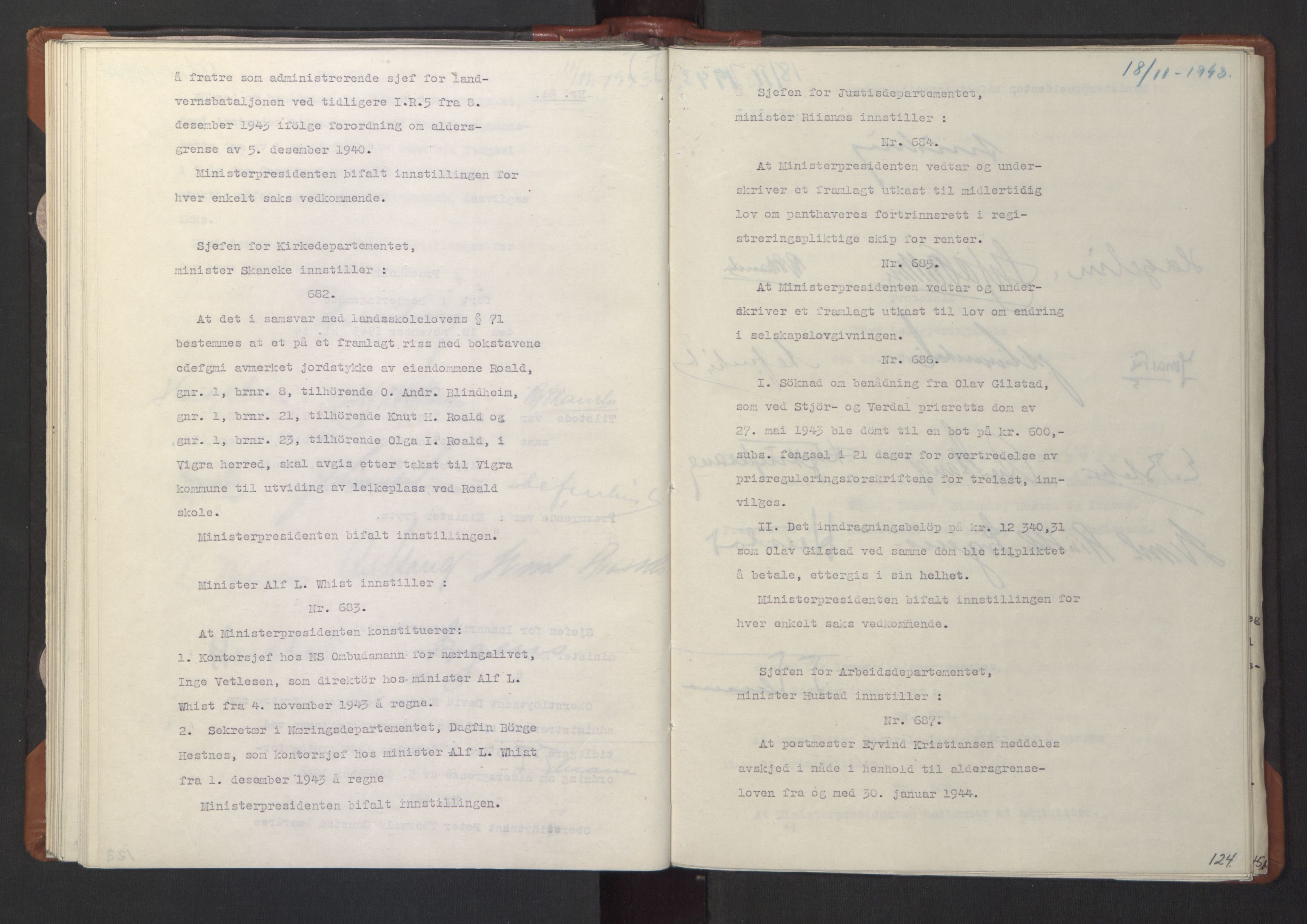 NS-administrasjonen 1940-1945 (Statsrådsekretariatet, de kommisariske statsråder mm), RA/S-4279/D/Da/L0003: Vedtak (Beslutninger) nr. 1-746 og tillegg nr. 1-47 (RA. j.nr. 1394/1944, tilgangsnr. 8/1944, 1943, p. 126