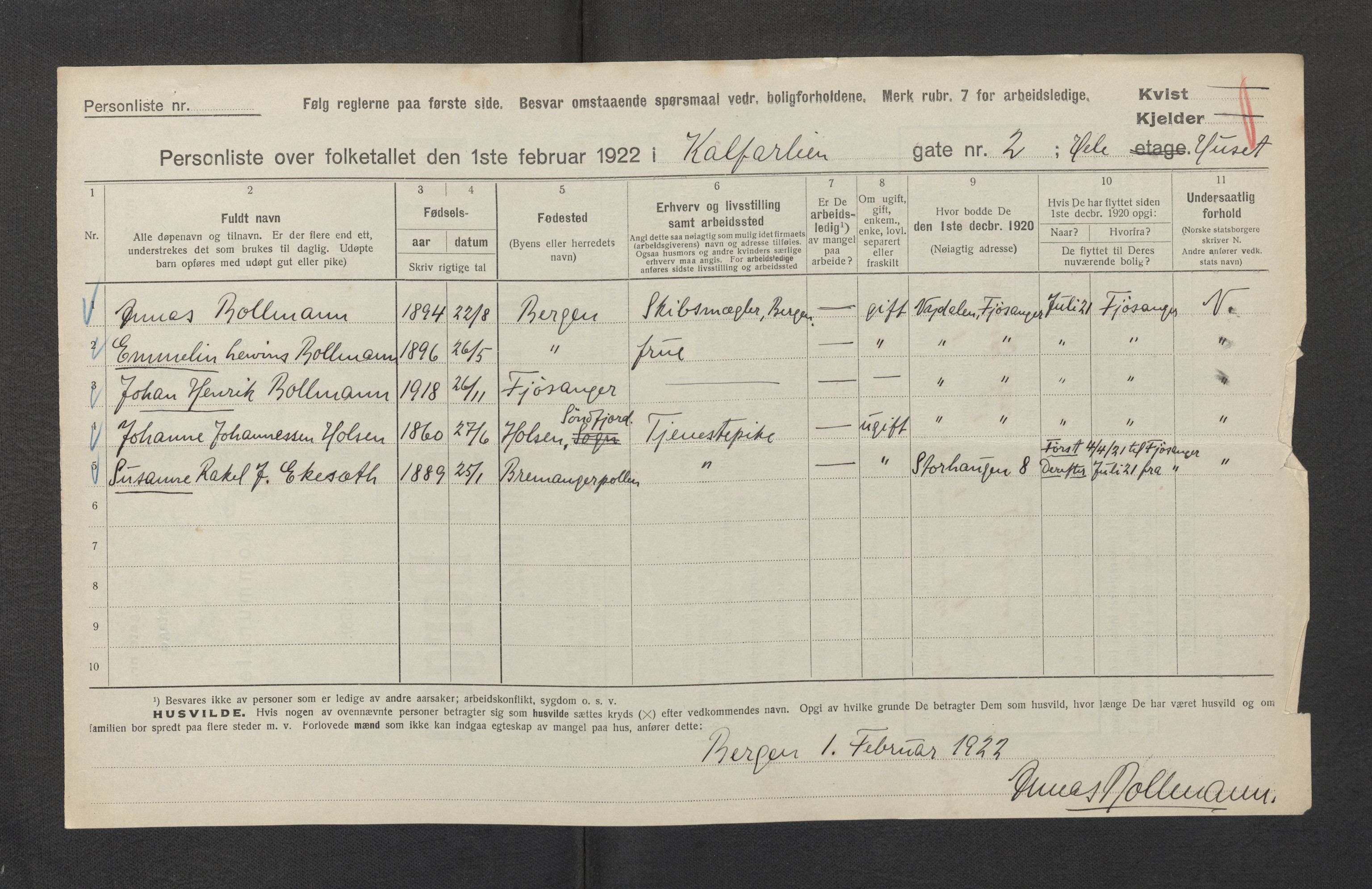 SAB, Municipal Census 1922 for Bergen, 1922, p. 17275