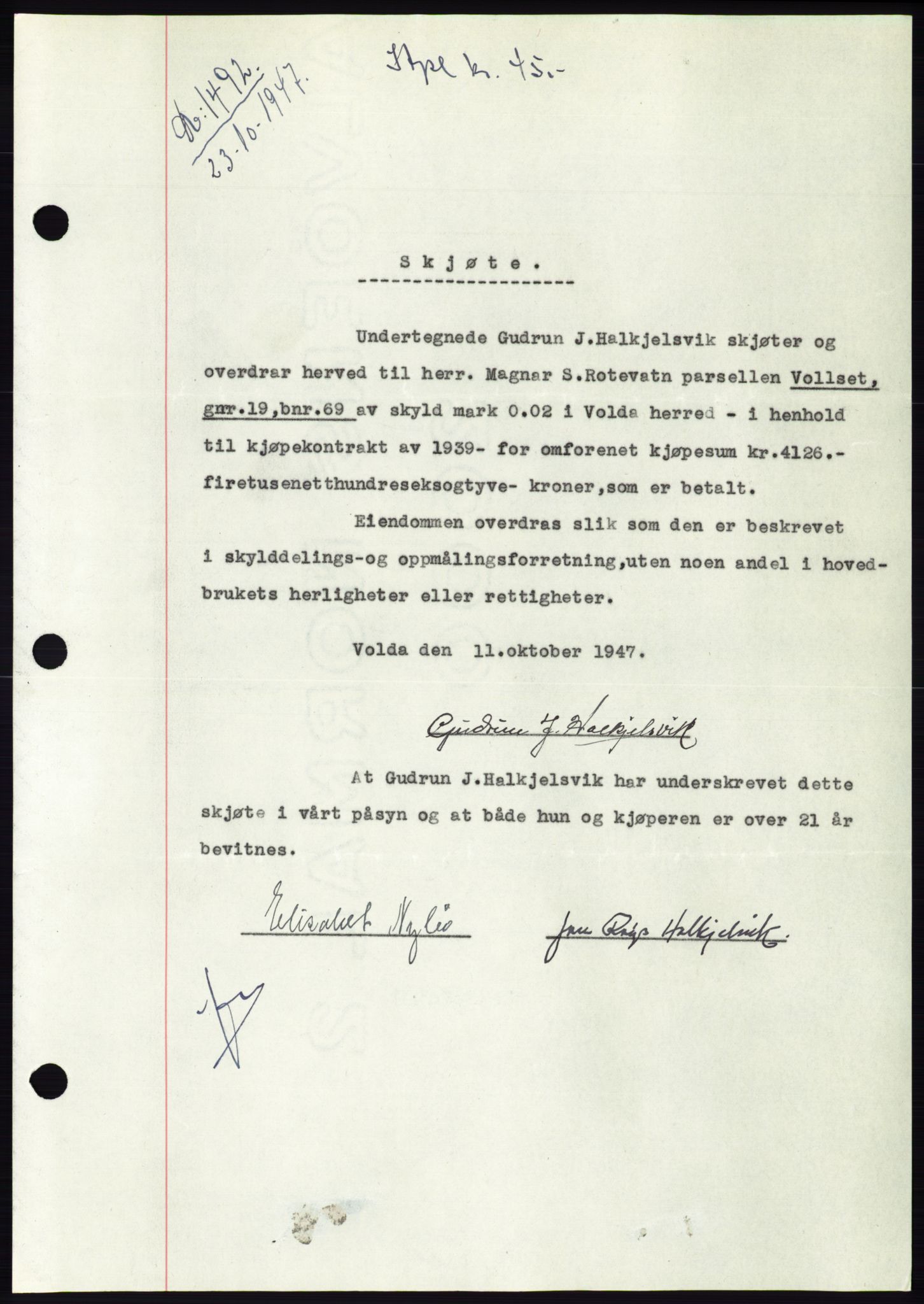 Søre Sunnmøre sorenskriveri, SAT/A-4122/1/2/2C/L0081: Mortgage book no. 7A, 1947-1948, Diary no: : 1492/1947
