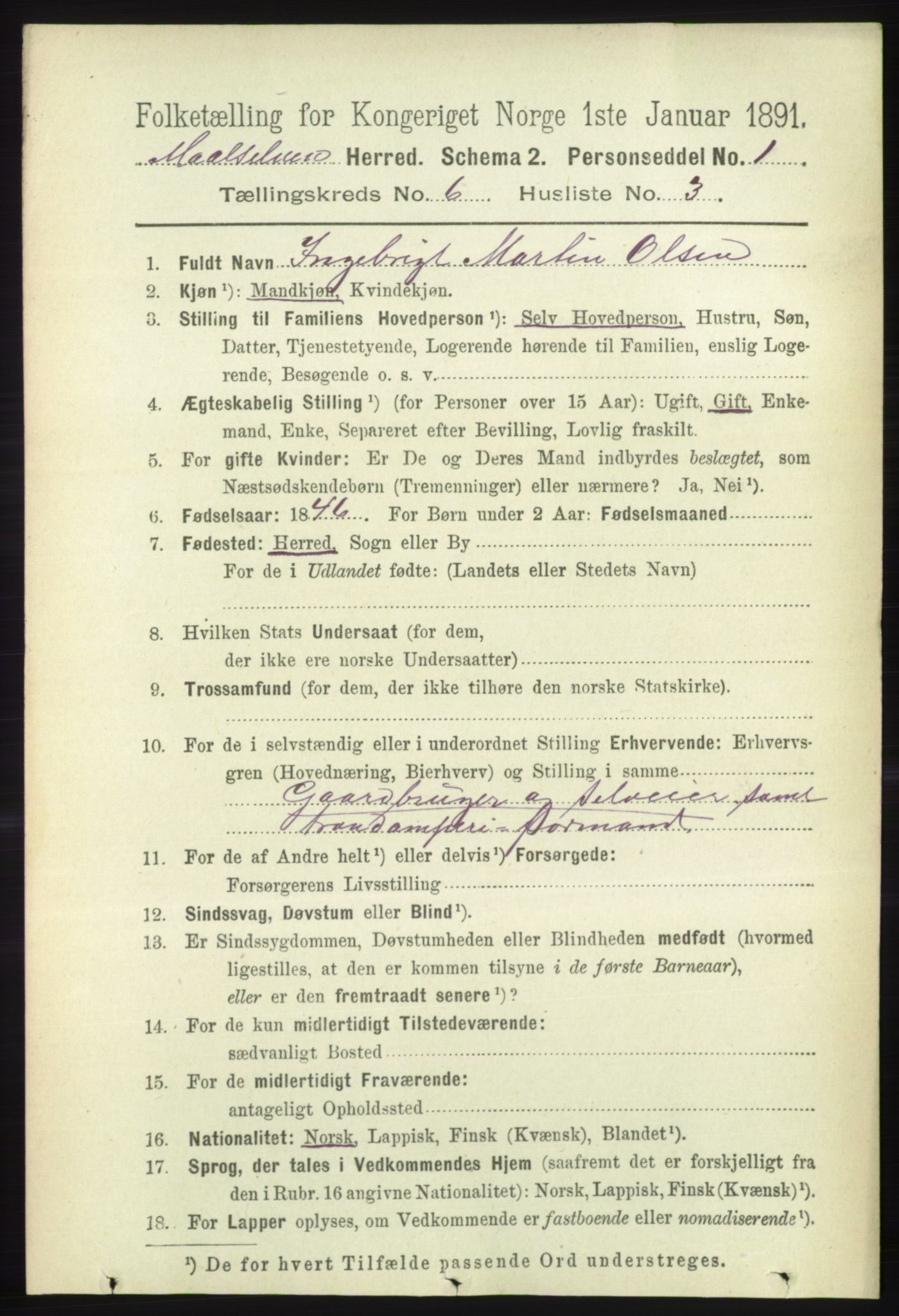 RA, 1891 census for 1924 Målselv, 1891, p. 2051