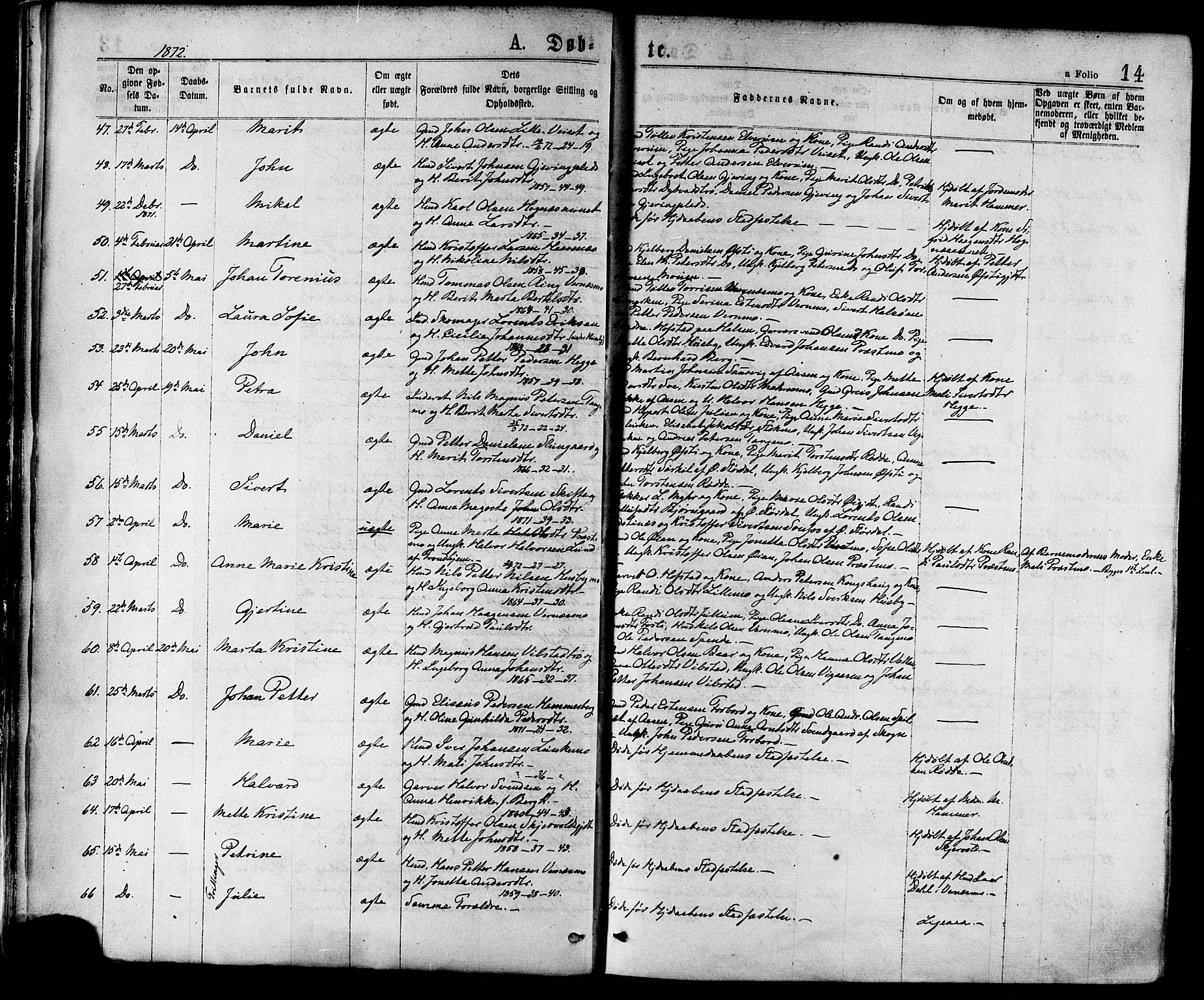 Ministerialprotokoller, klokkerbøker og fødselsregistre - Nord-Trøndelag, AV/SAT-A-1458/709/L0076: Parish register (official) no. 709A16, 1871-1879, p. 14