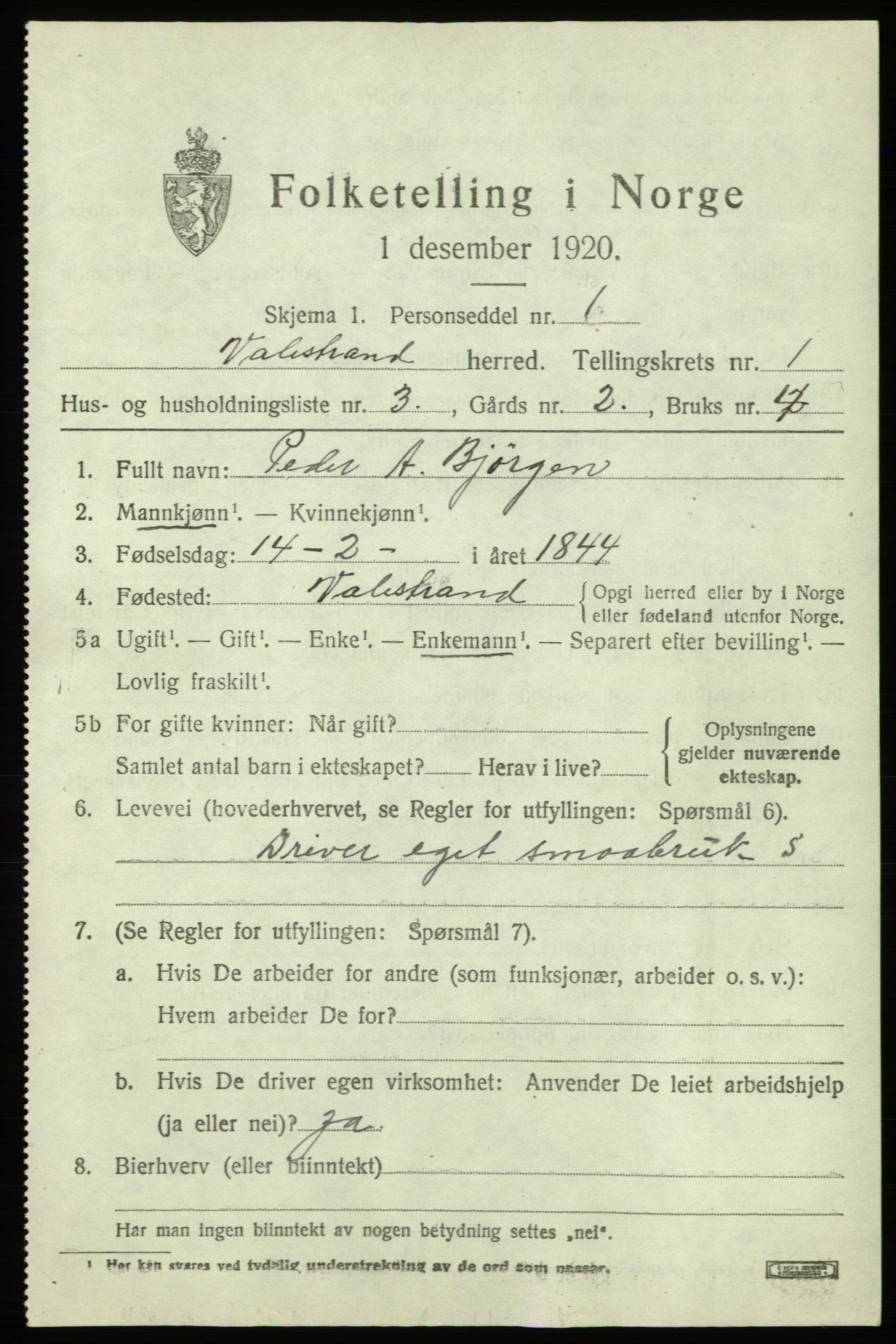 SAB, 1920 census for Valestrand, 1920, p. 477