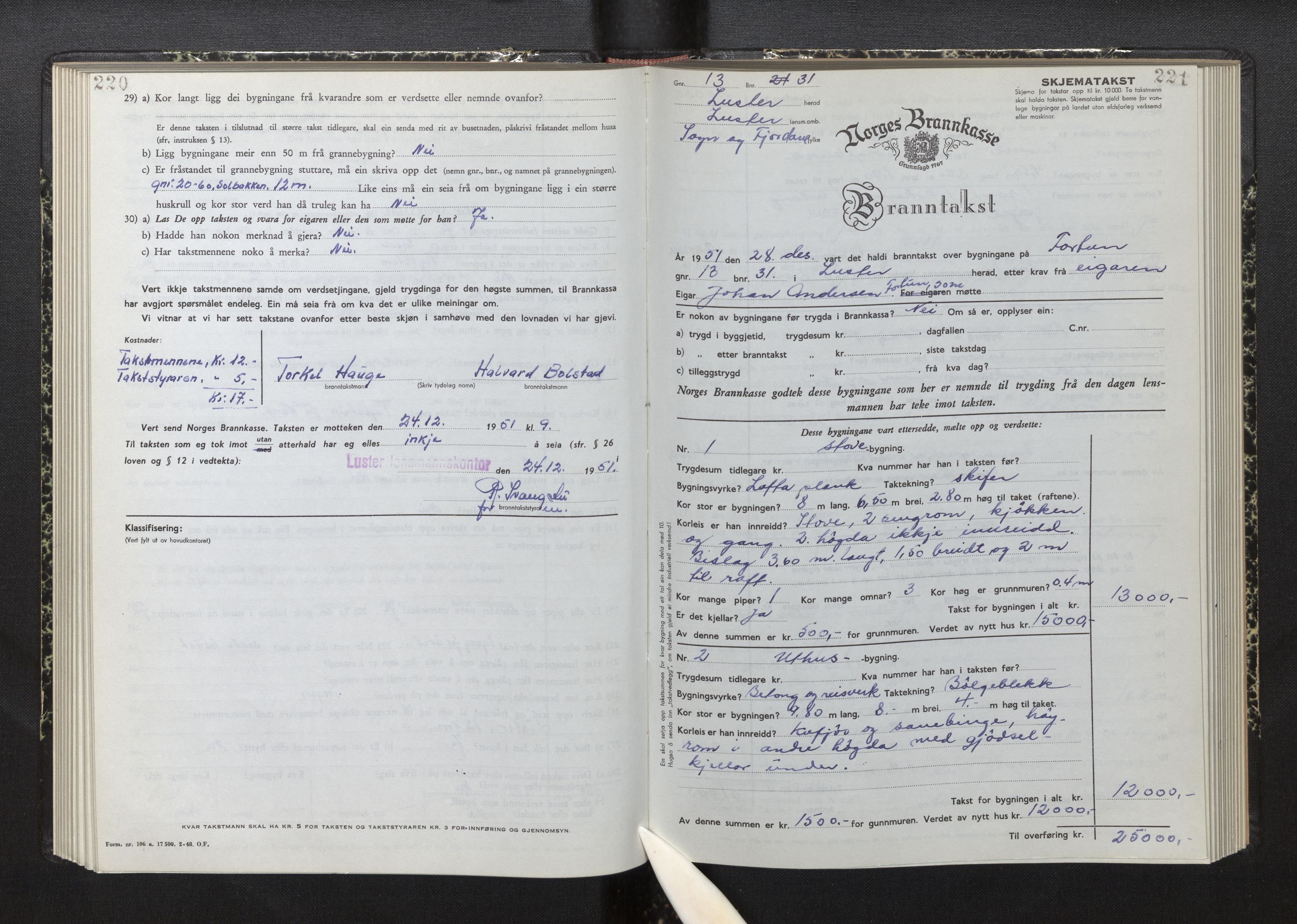 Lensmannen i Luster, AV/SAB-A-29301/0012/L0008: Branntakstprotokoll, skjematakst, 1949-1955, p. 220-221