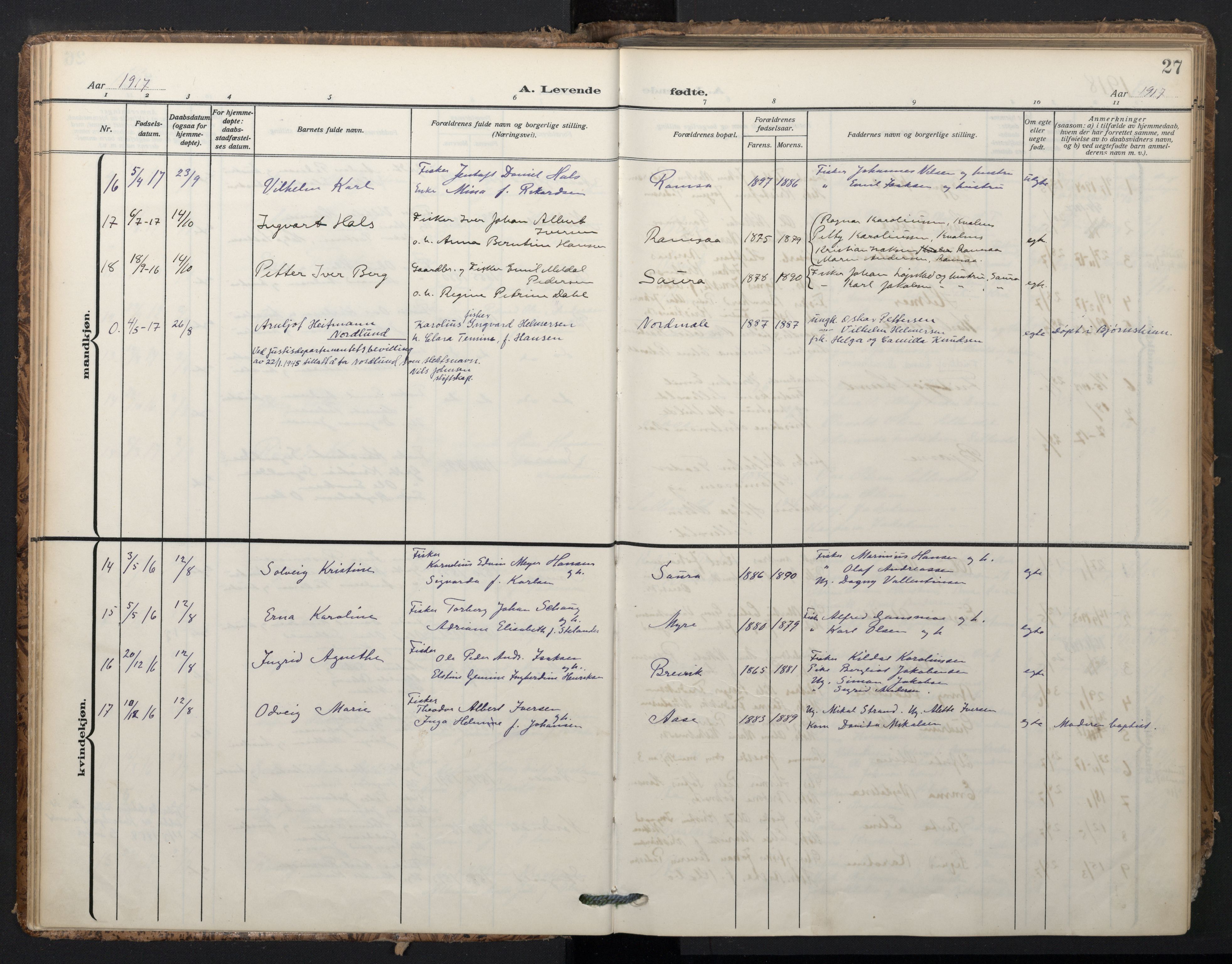 Ministerialprotokoller, klokkerbøker og fødselsregistre - Nordland, SAT/A-1459/897/L1401: Parish register (official) no. 897A08, 1909-1921, p. 27