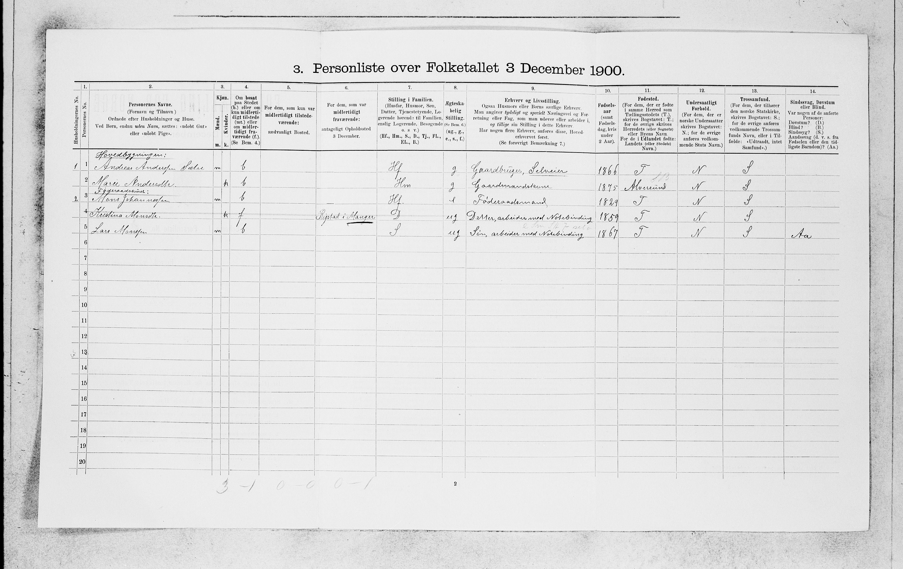 SAB, 1900 census for Manger, 1900, p. 798
