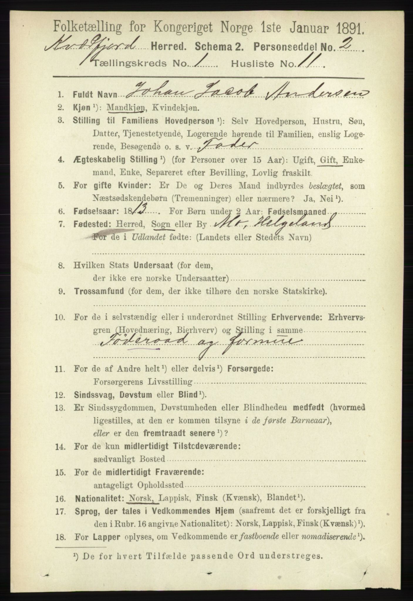 RA, 1891 census for 1911 Kvæfjord, 1891, p. 164