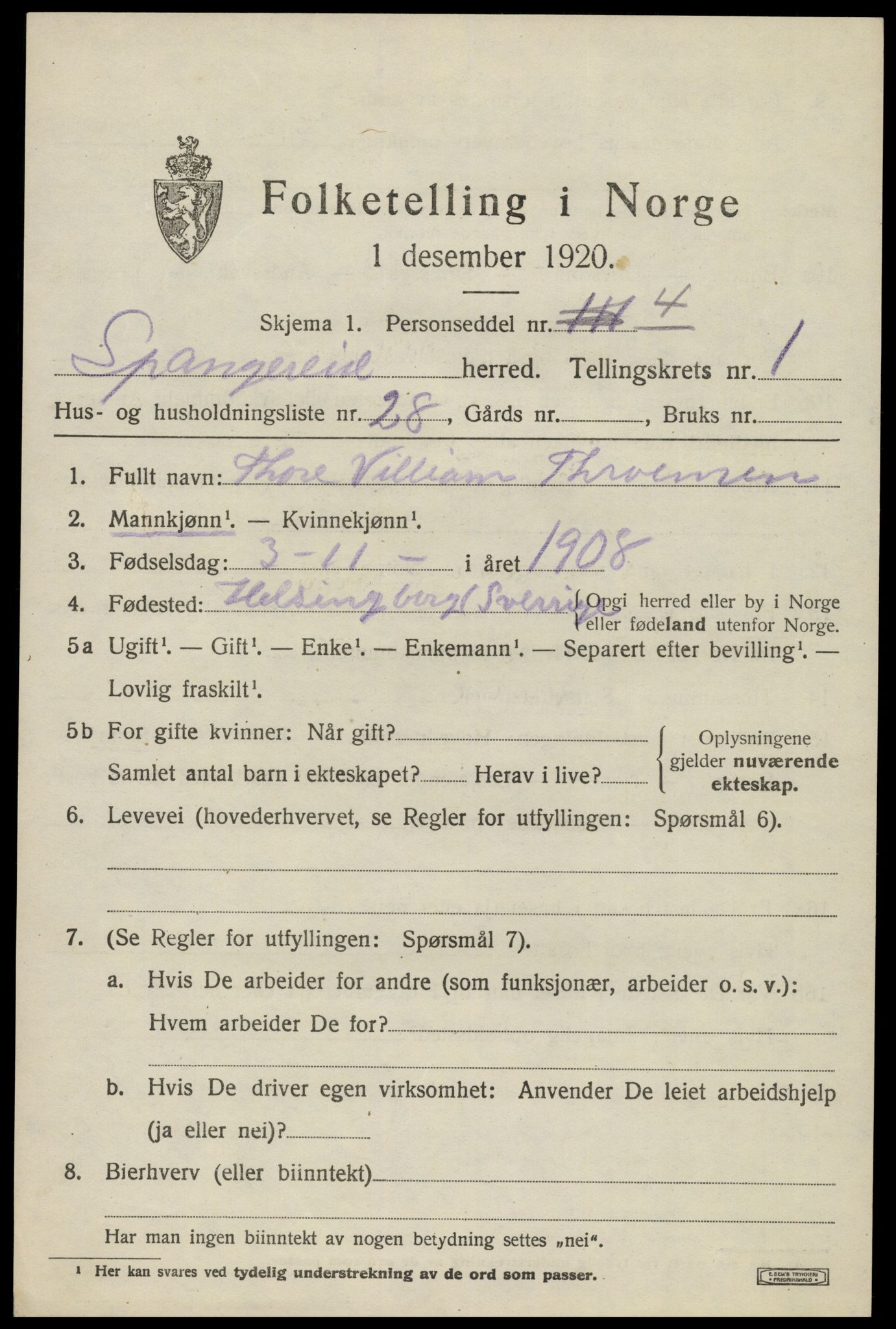 SAK, 1920 census for Spangereid, 1920, p. 1057