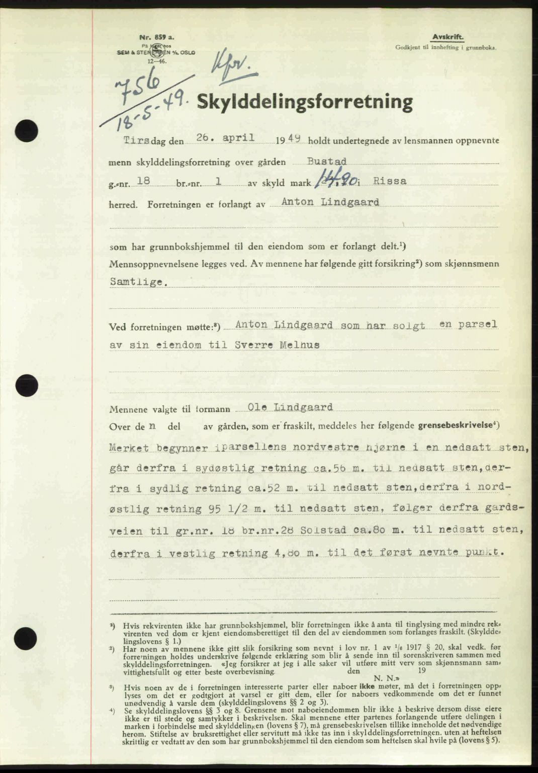 Fosen sorenskriveri, AV/SAT-A-1107/1/2/2C: Mortgage book no. A7-9, 1947-1949, Diary no: : 756/1949