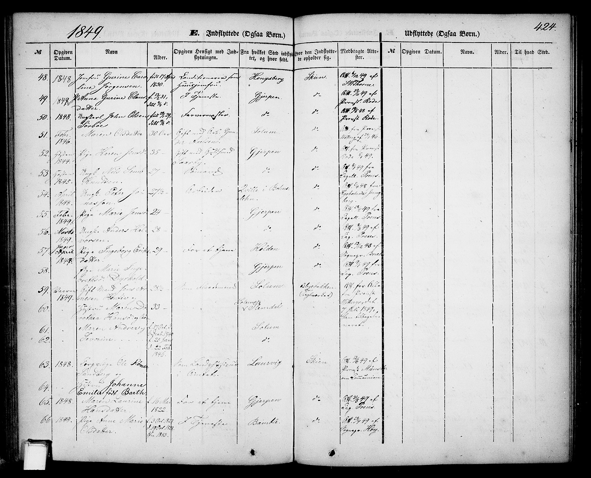 Skien kirkebøker, AV/SAKO-A-302/G/Ga/L0004: Parish register (copy) no. 4, 1843-1867, p. 424