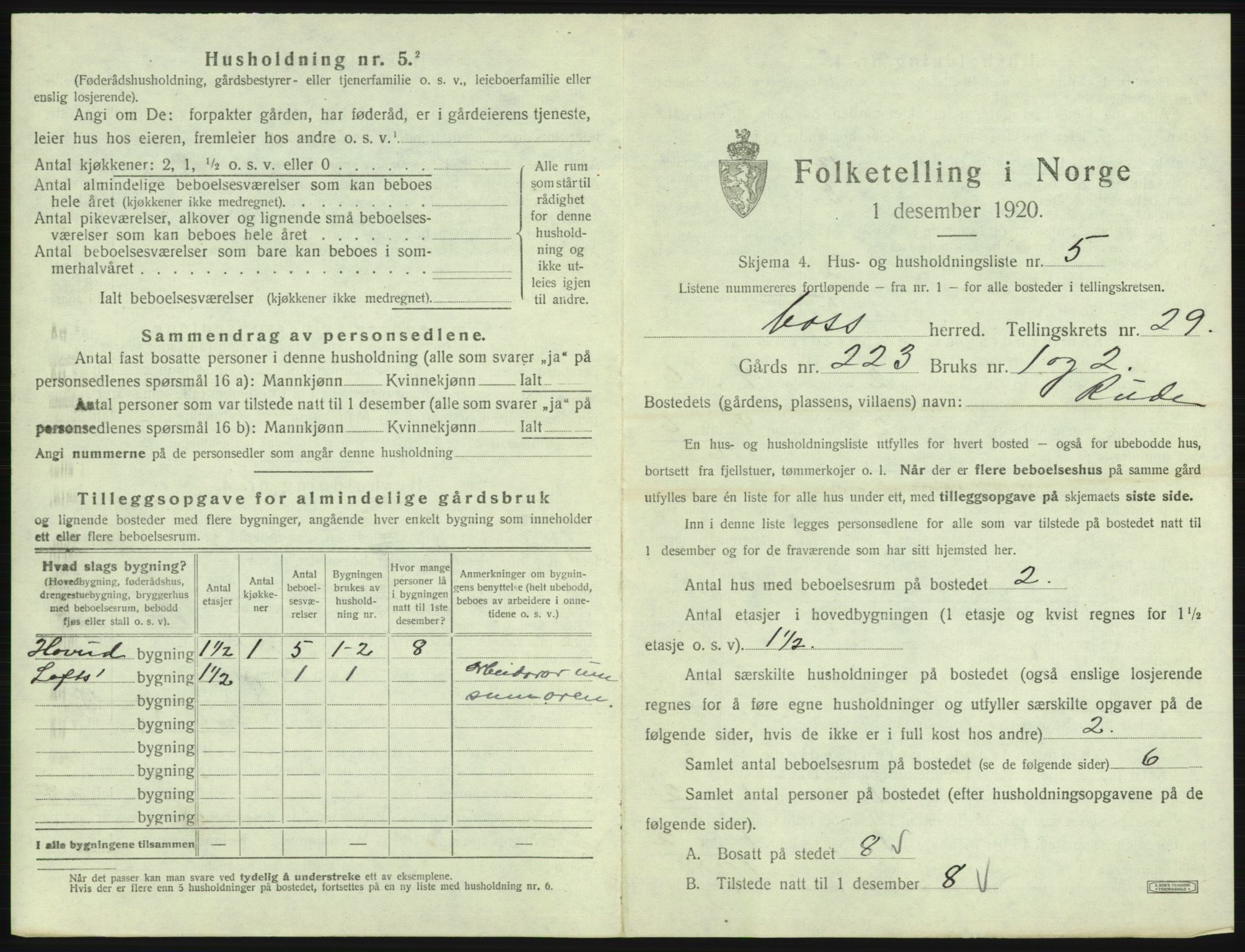 SAB, 1920 census for Voss, 1920, p. 2575