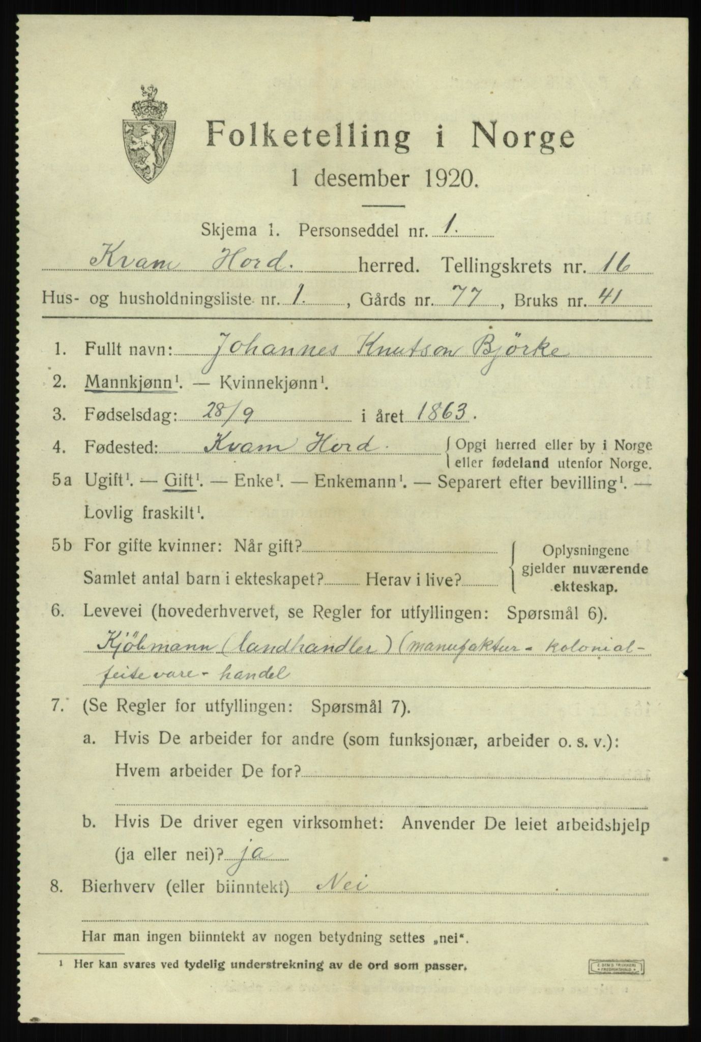SAB, 1920 census for Kvam, 1920, p. 8861