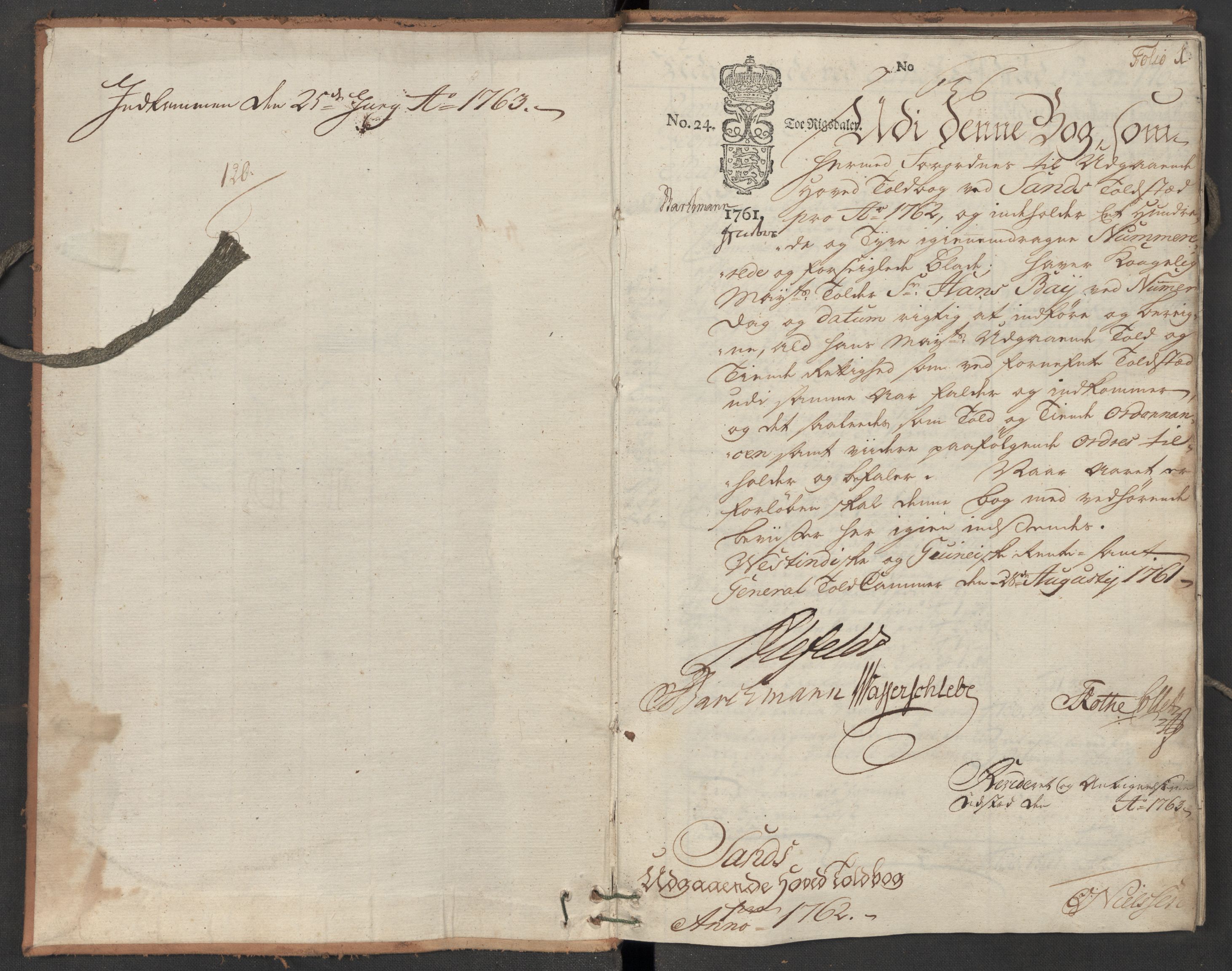 Generaltollkammeret, tollregnskaper, AV/RA-EA-5490/R07/L0022/0002: Tollregnskaper Sand / Utgående hovedtollbok, 1762, p. 1a