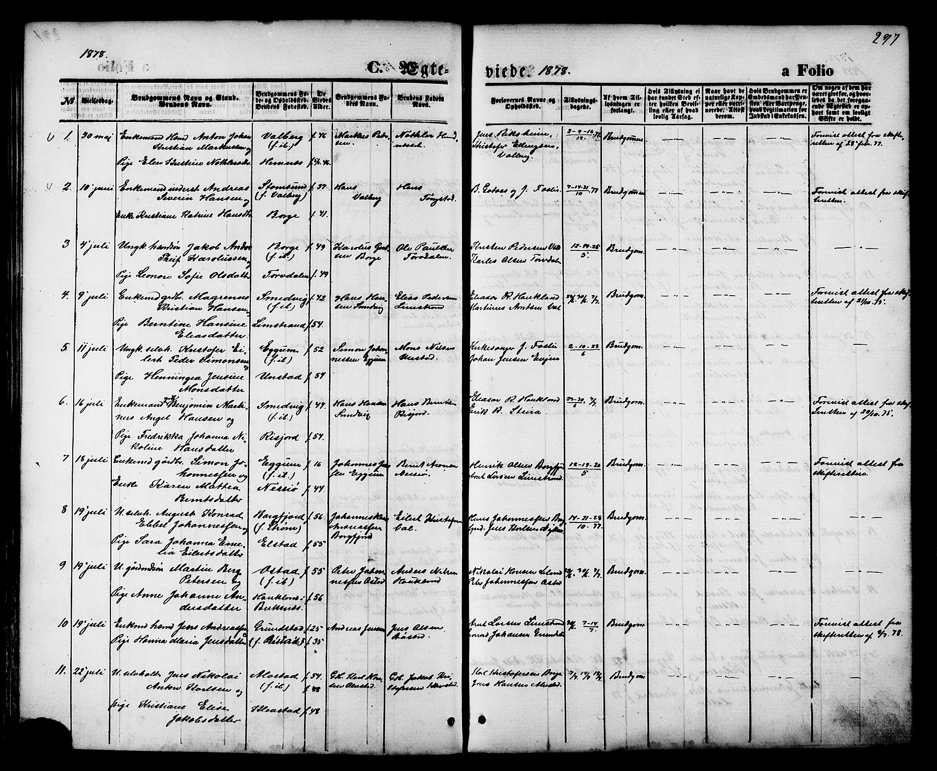 Ministerialprotokoller, klokkerbøker og fødselsregistre - Nordland, SAT/A-1459/880/L1132: Parish register (official) no. 880A06, 1869-1887, p. 297