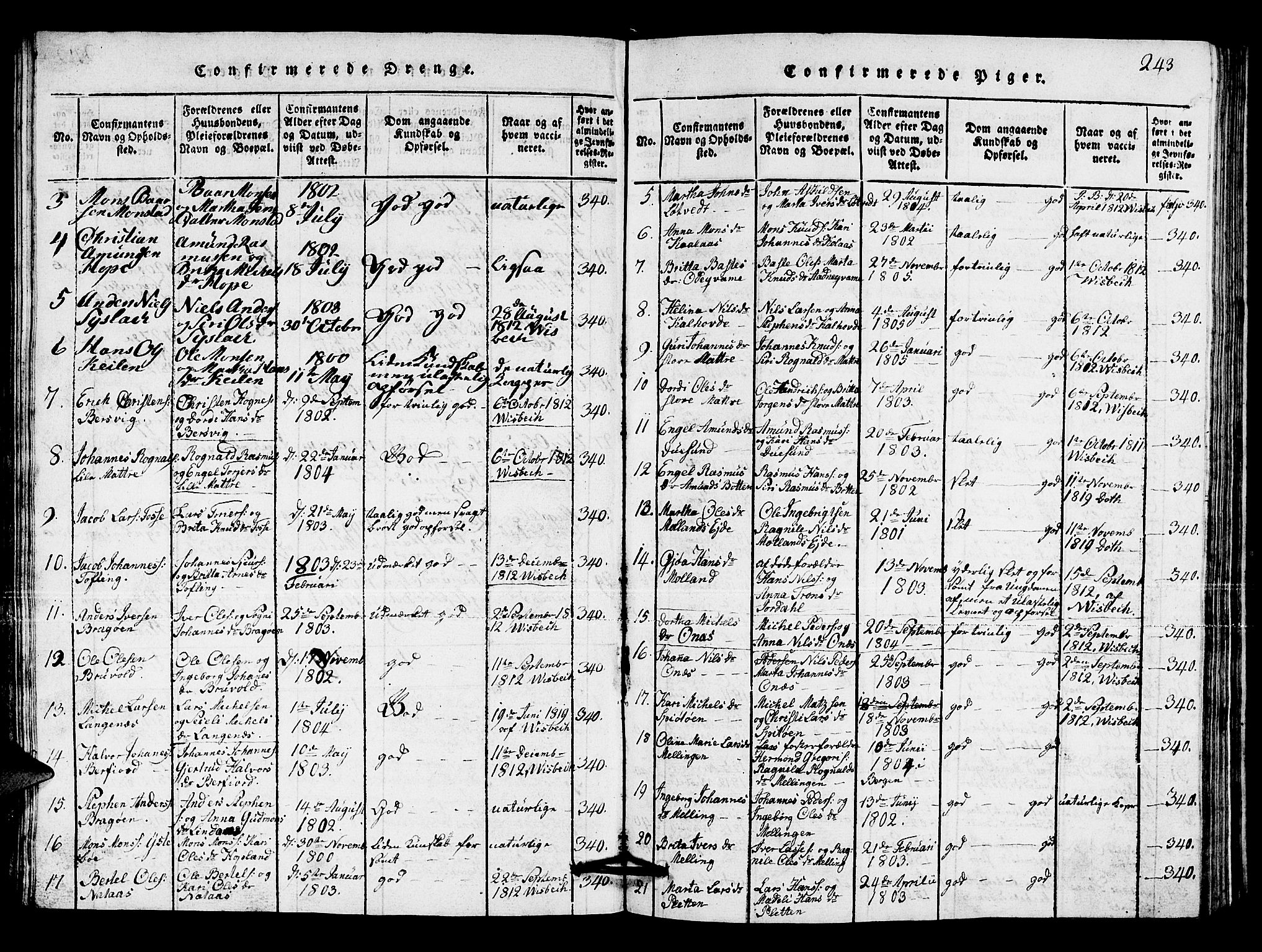 Lindås Sokneprestembete, SAB/A-76701/H/Hab: Parish register (copy) no. A 1, 1816-1823, p. 243