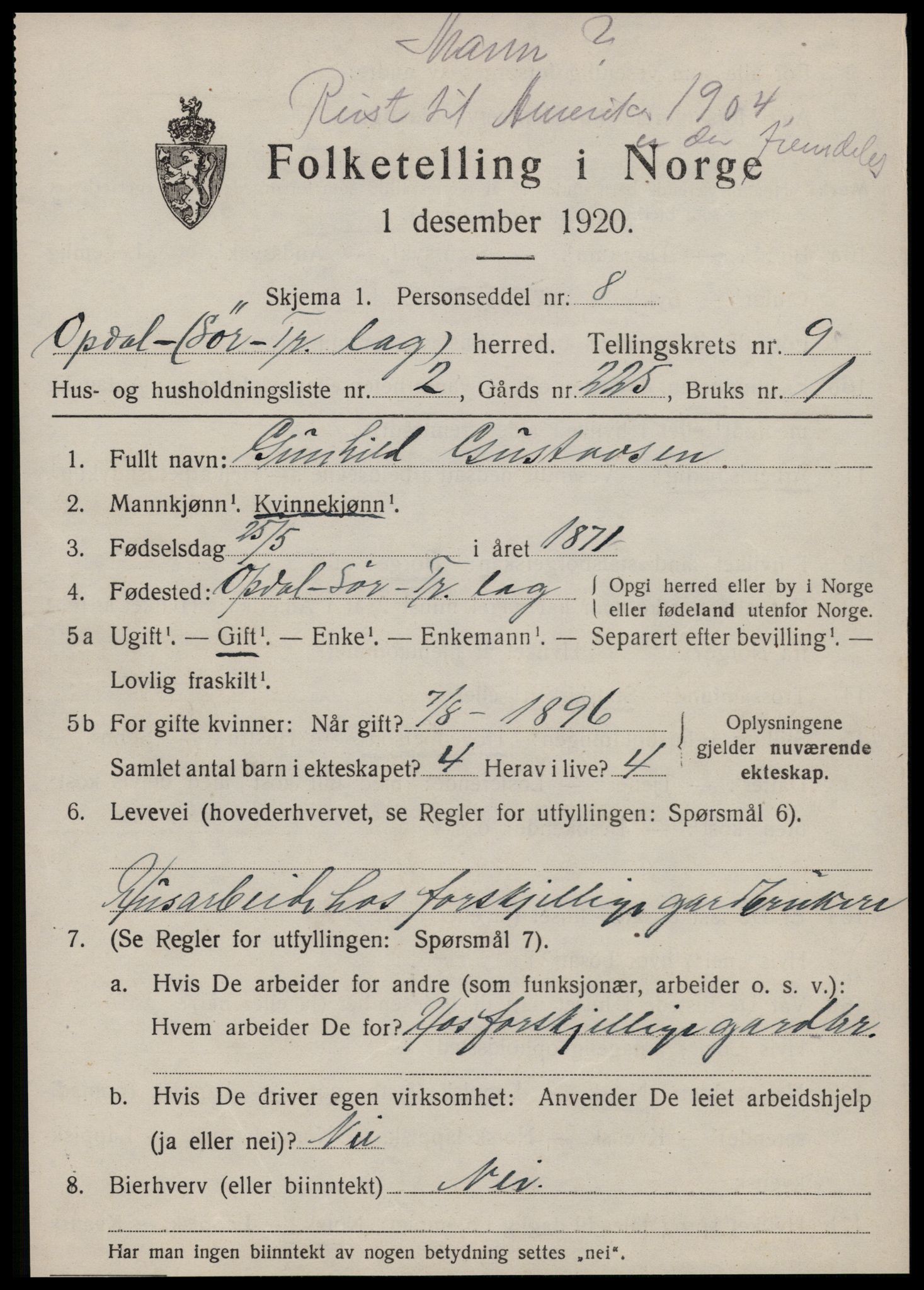 SAT, 1920 census for Oppdal, 1920, p. 7149