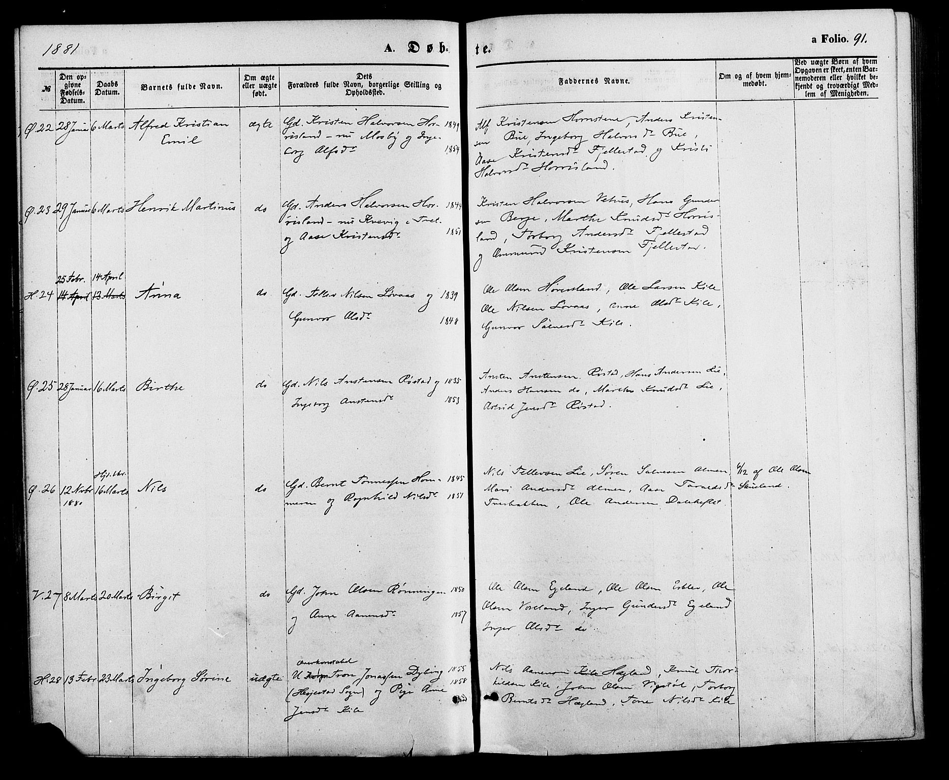 Vennesla sokneprestkontor, AV/SAK-1111-0045/Fa/Fac/L0008: Parish register (official) no. A 8, 1874-1883, p. 91