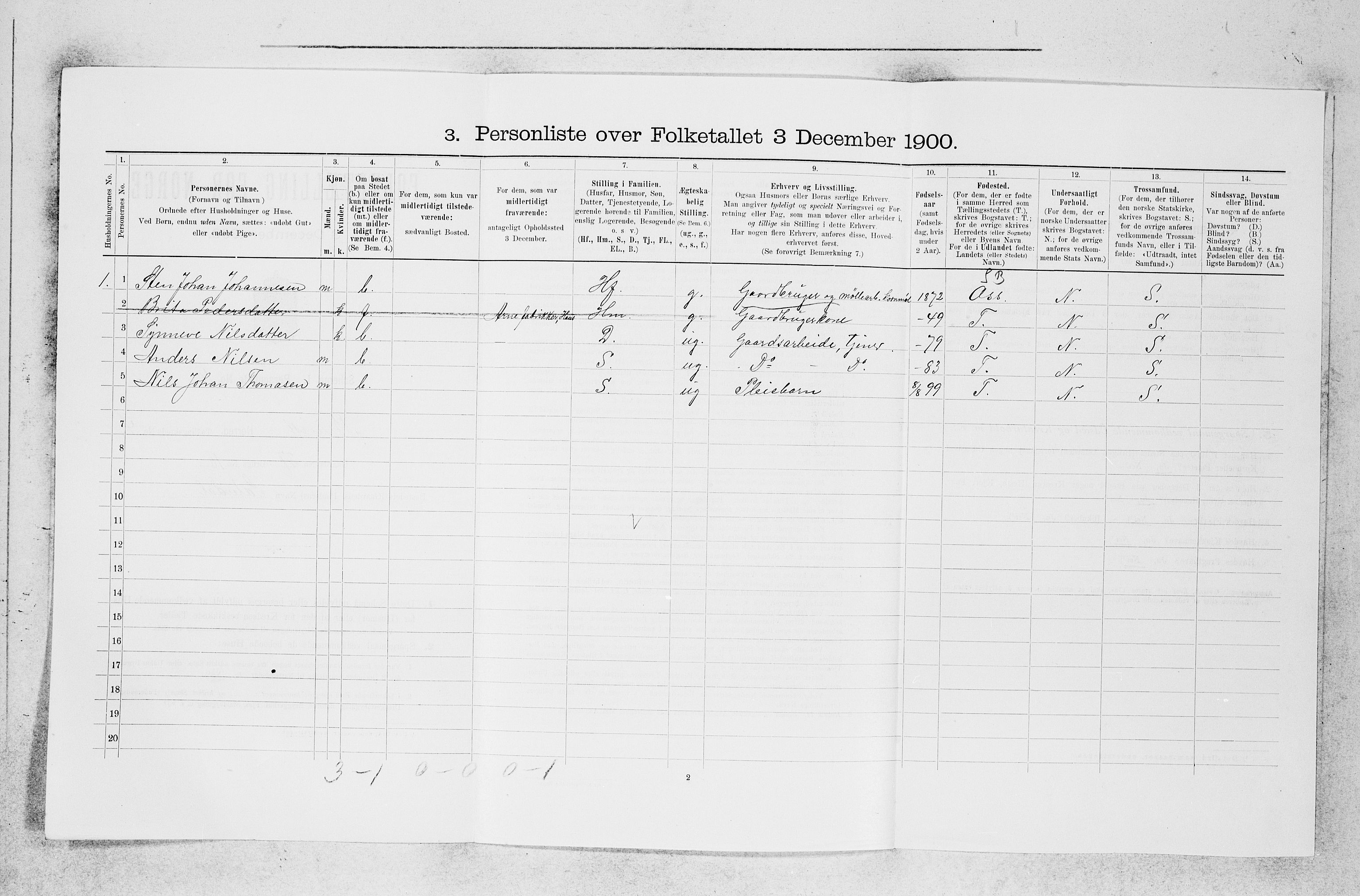 SAB, 1900 census for Bruvik, 1900, p. 285