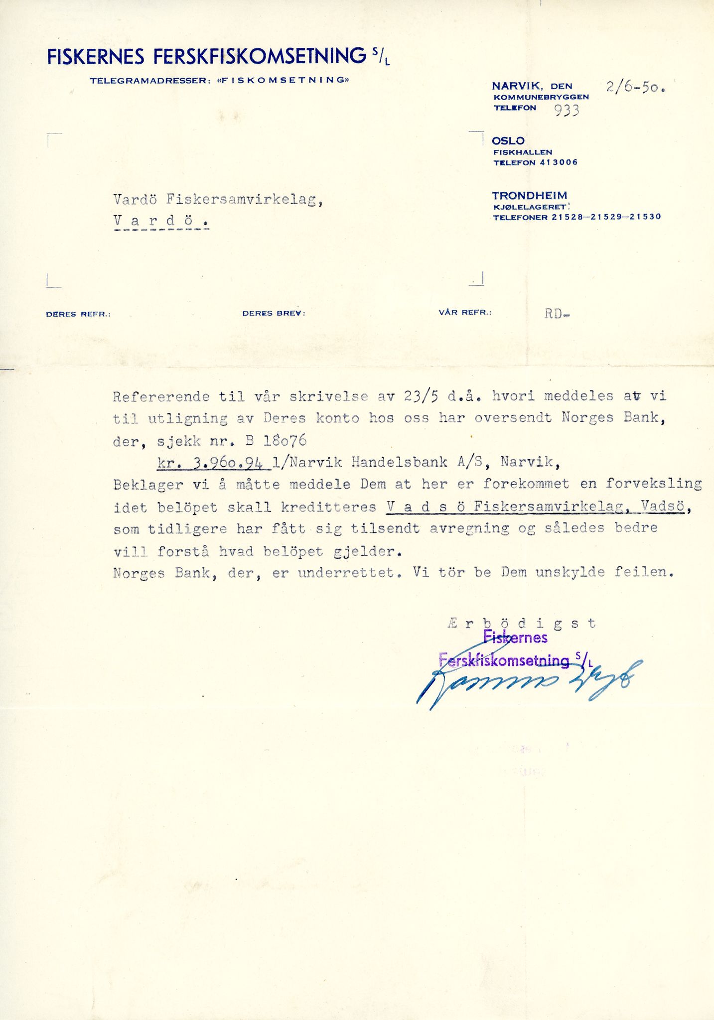 Vardø Fiskersamvirkelag, VAMU/A-0037/D/Da/L0002: Korrespondanse Er-Fi, 1946-1951