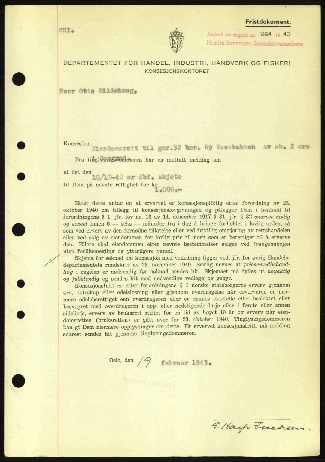 Nordre Sunnmøre sorenskriveri, SAT/A-0006/1/2/2C/2Ca: Mortgage book no. B6-14 a, 1942-1945, Diary no: : 264/1943