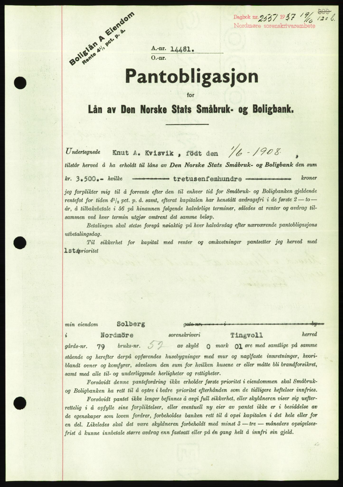 Nordmøre sorenskriveri, AV/SAT-A-4132/1/2/2Ca/L0092: Mortgage book no. B82, 1937-1938, Diary no: : 2551/1937