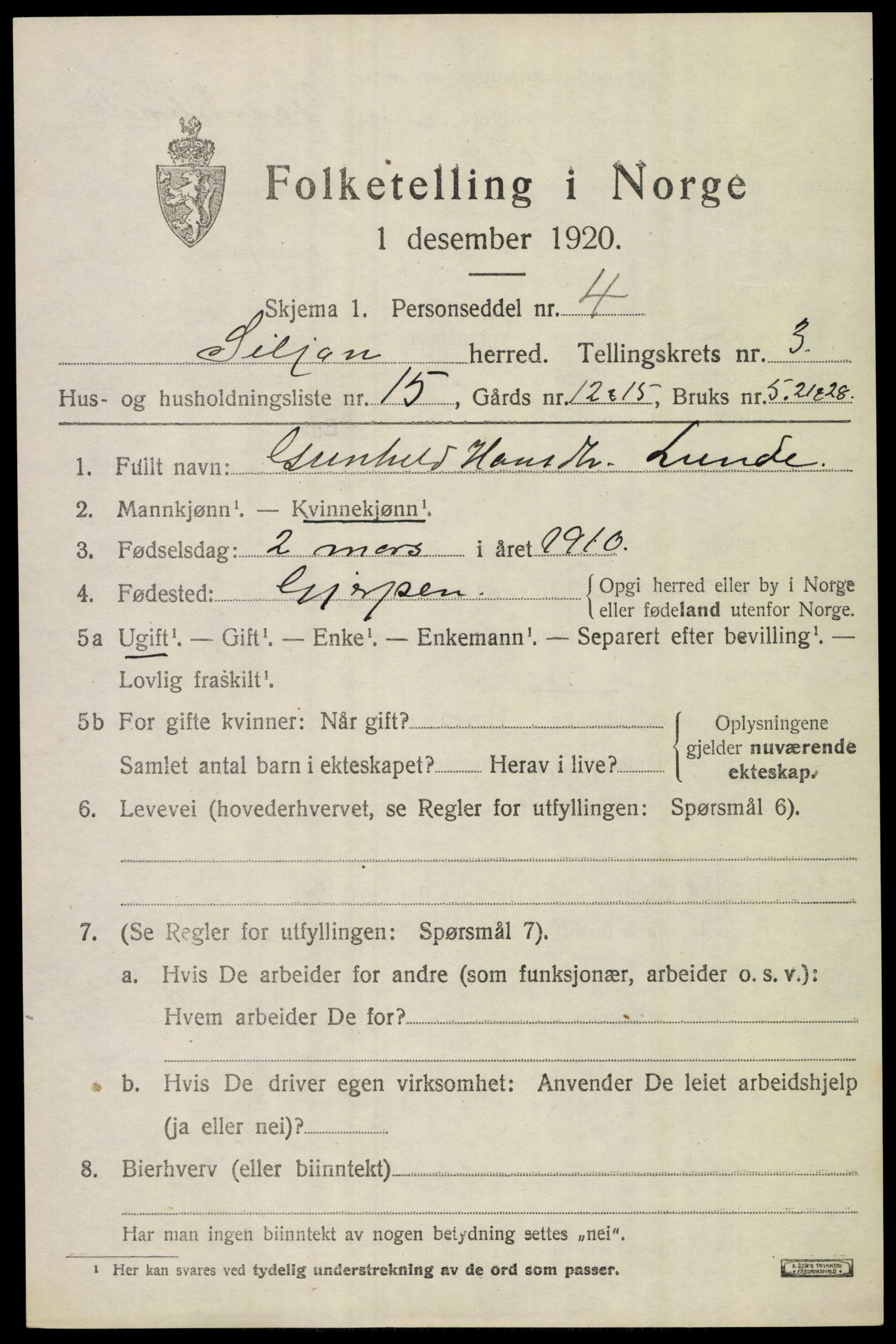 SAKO, 1920 census for Siljan, 1920, p. 1637