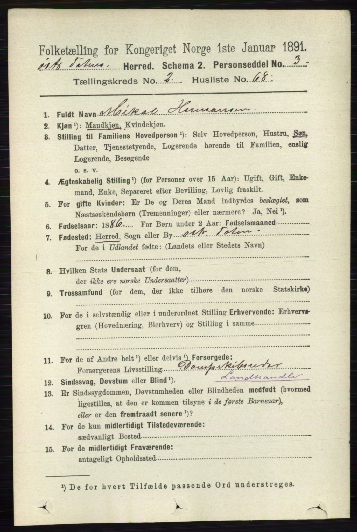 RA, 1891 census for 0528 Østre Toten, 1891, p. 1175
