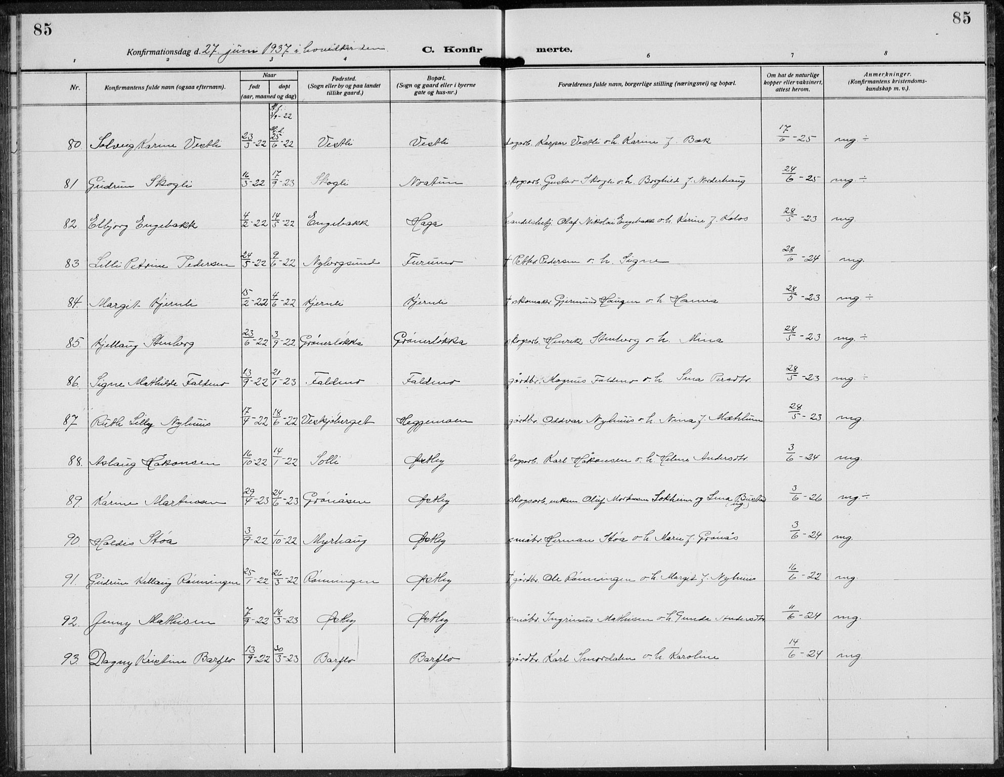 Trysil prestekontor, AV/SAH-PREST-046/H/Ha/Hab/L0010: Parish register (copy) no. 10, 1917-1937, p. 85