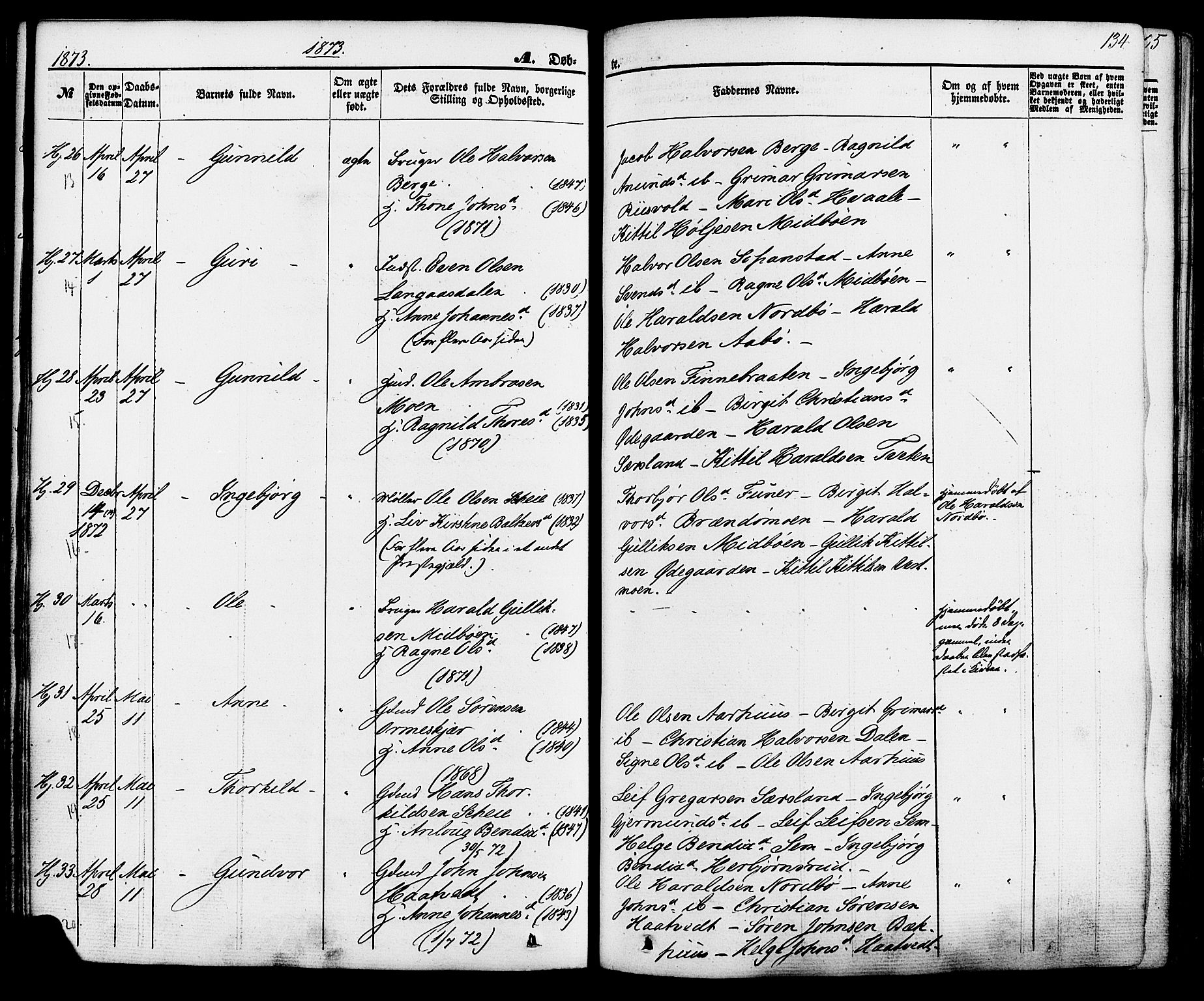 Hjartdal kirkebøker, SAKO/A-270/F/Fa/L0009: Parish register (official) no. I 9, 1860-1879, p. 134