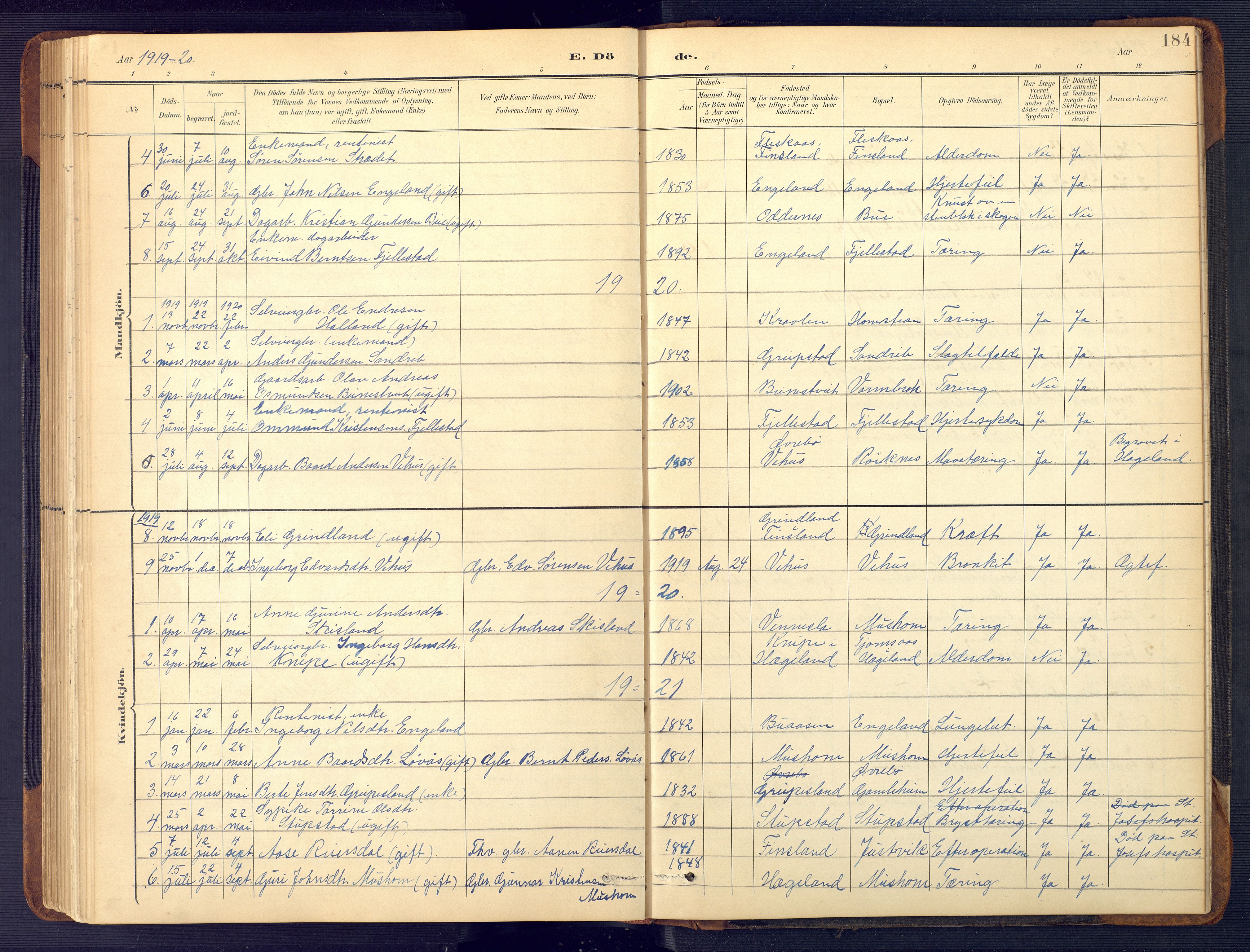 Vennesla sokneprestkontor, SAK/1111-0045/Fb/Fbc/L0003: Parish register (copy) no. B 3, 1895-1946, p. 184
