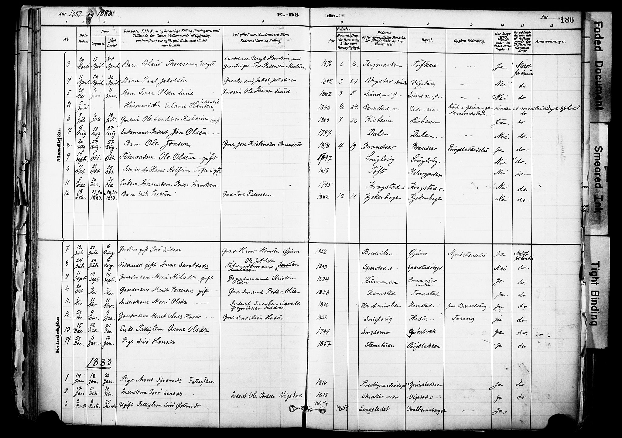 Skjåk prestekontor, SAH/PREST-072/H/Ha/Haa/L0003: Parish register (official) no. 3, 1880-1907, p. 186