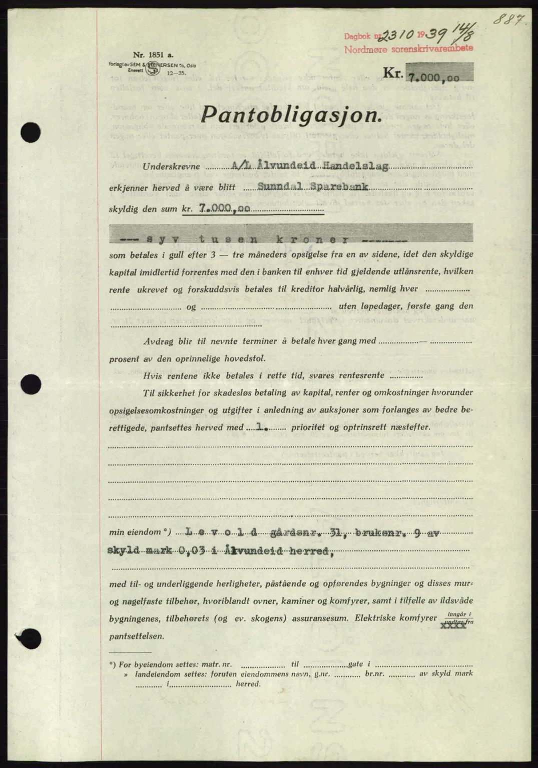 Nordmøre sorenskriveri, AV/SAT-A-4132/1/2/2Ca: Mortgage book no. B85, 1939-1939, Diary no: : 2310/1939