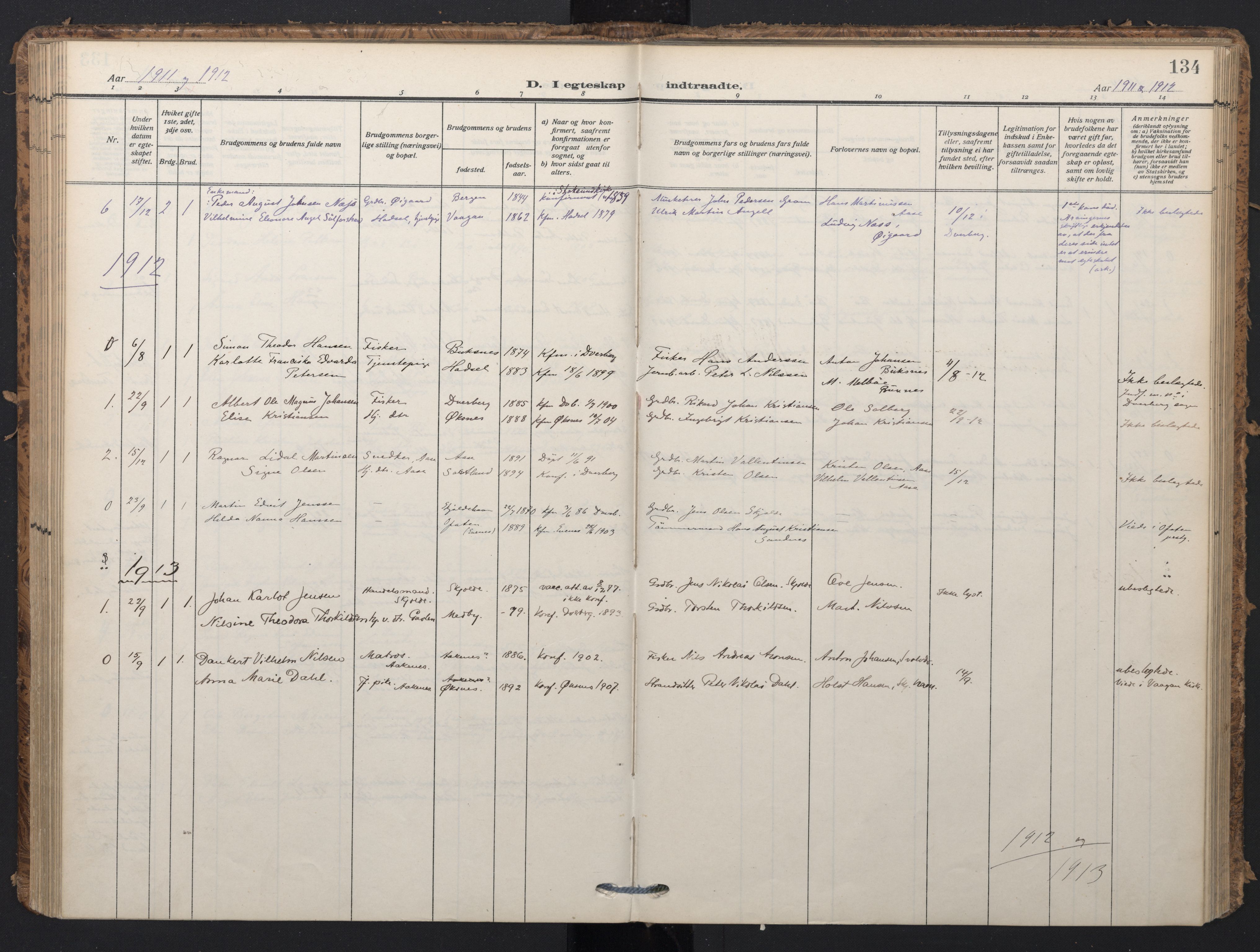 Ministerialprotokoller, klokkerbøker og fødselsregistre - Nordland, SAT/A-1459/898/L1423: Parish register (official) no. 898A03, 1909-1928, p. 134