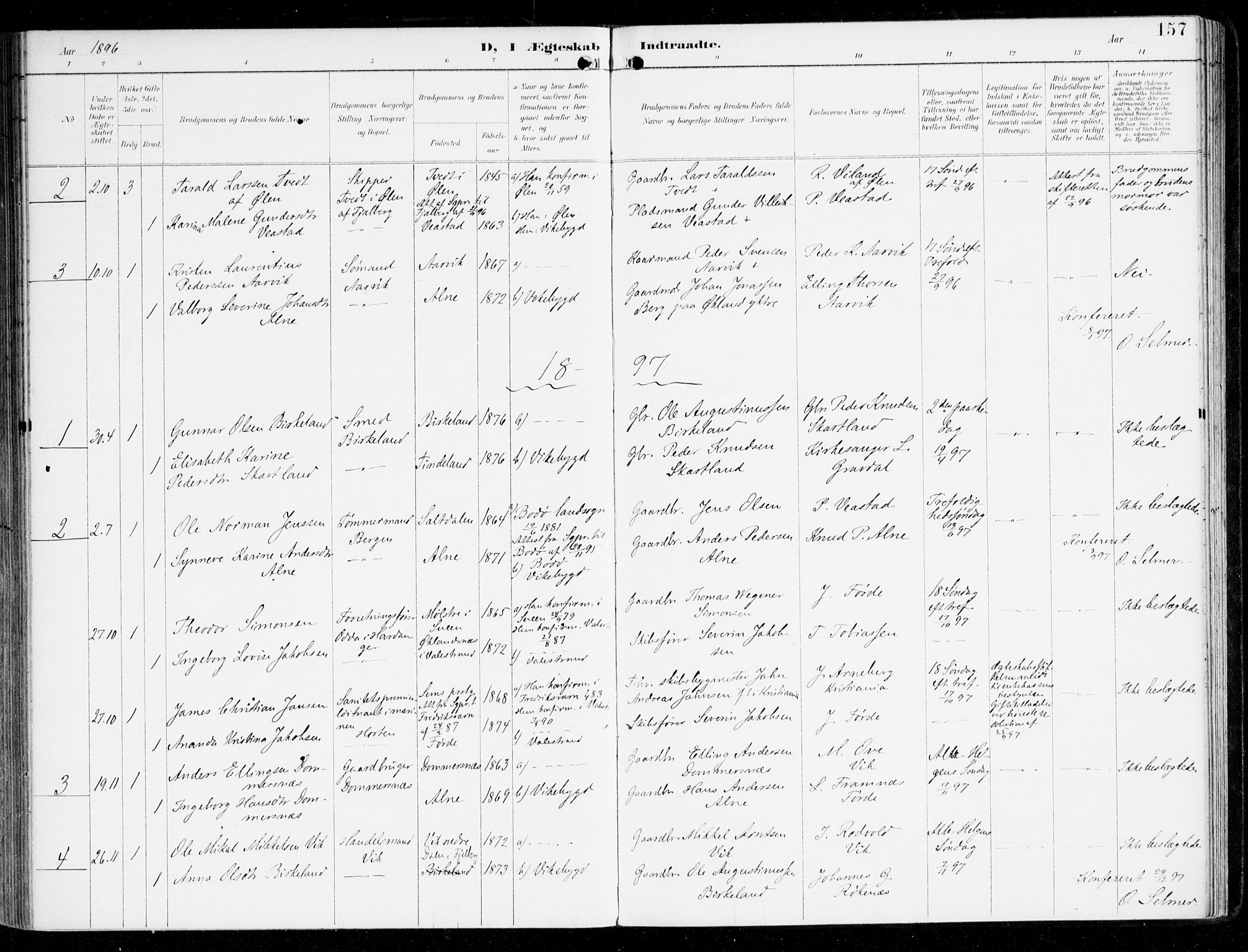 Sveio Sokneprestembete, AV/SAB-A-78501/H/Haa: Parish register (official) no. D 2, 1894-1916, p. 157