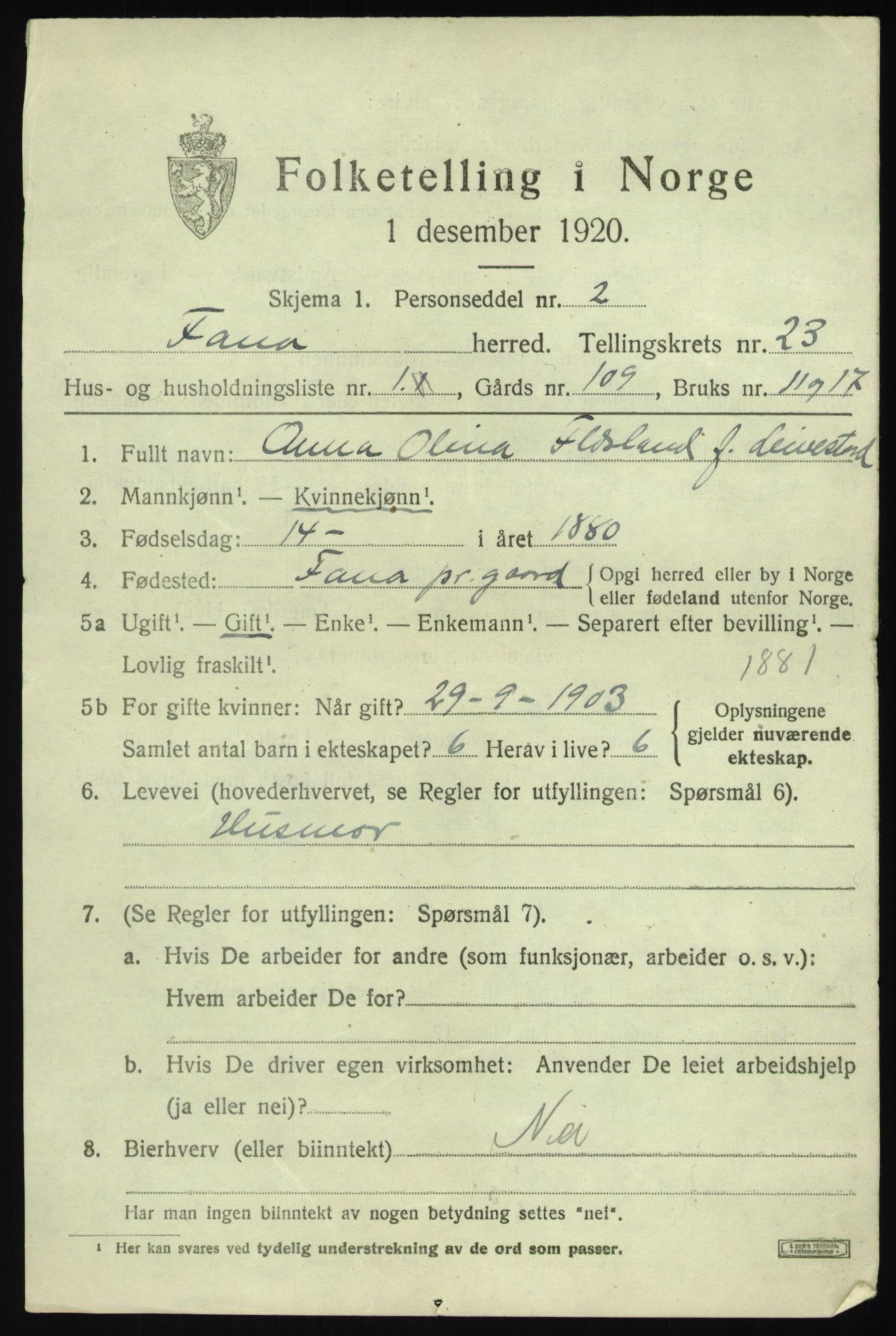 SAB, 1920 census for Fana, 1920, p. 26289