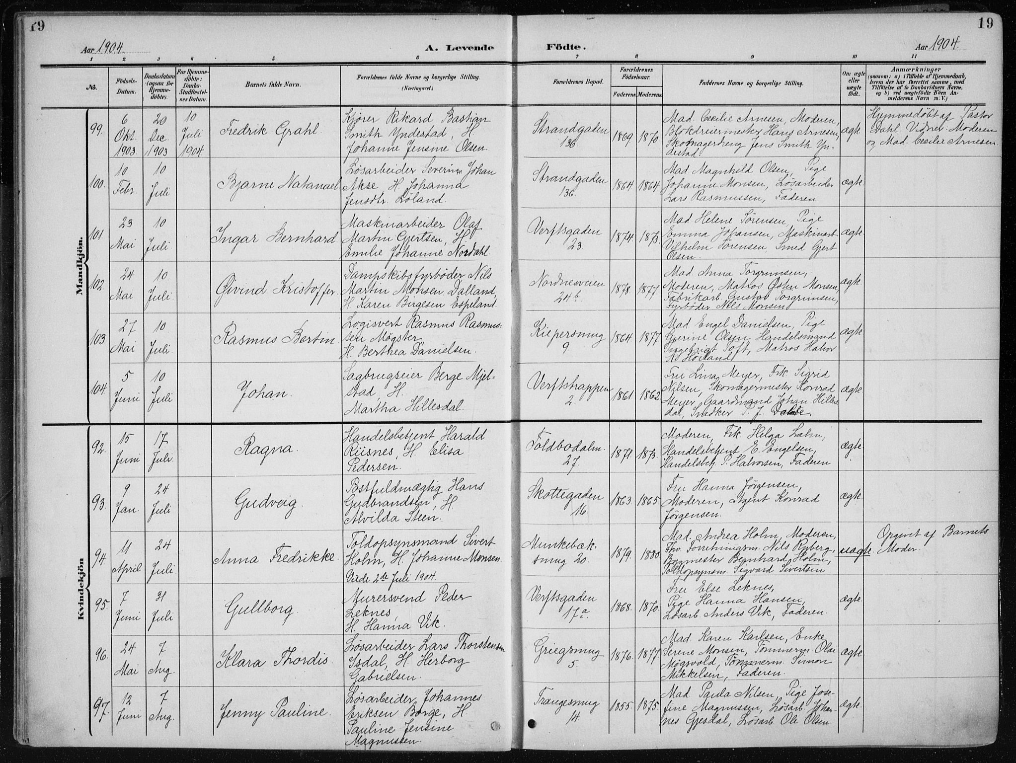 Nykirken Sokneprestembete, AV/SAB-A-77101/H/Haa/L0019: Parish register (official) no. B 7, 1904-1916, p. 19