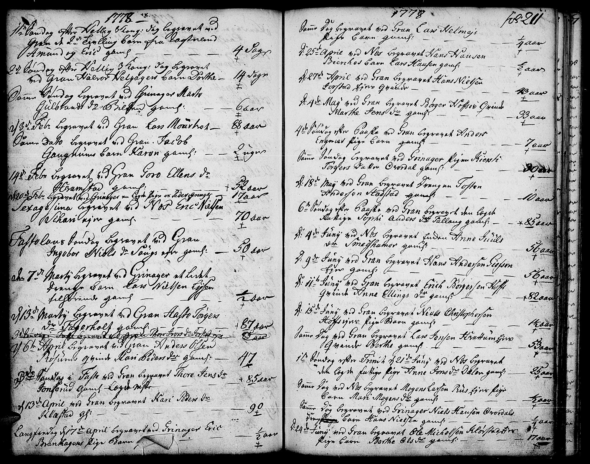 Gran prestekontor, SAH/PREST-112/H/Ha/Haa/L0005: Parish register (official) no. 5, 1776-1788, p. 211