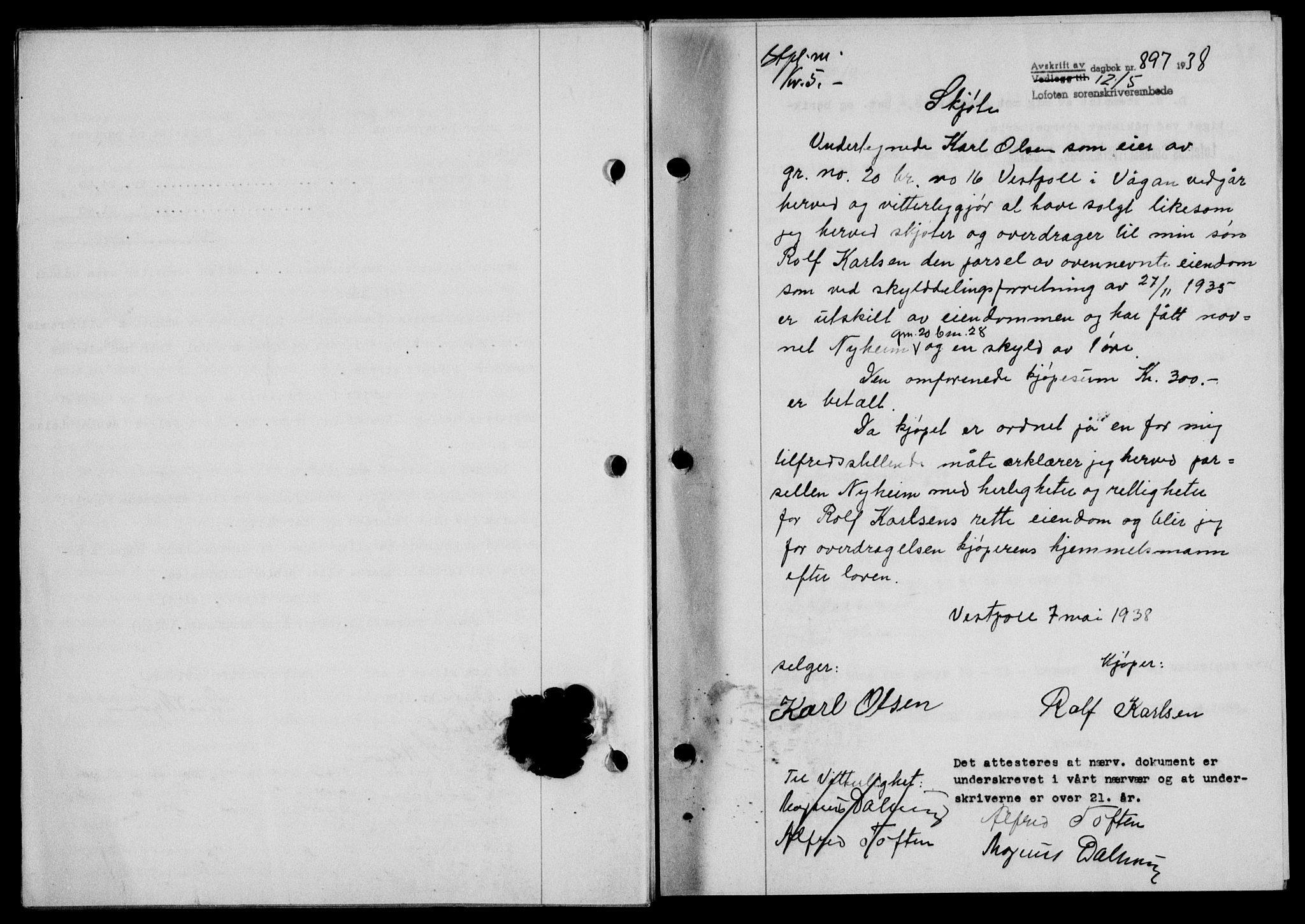 Lofoten sorenskriveri, SAT/A-0017/1/2/2C/L0004a: Mortgage book no. 4a, 1938-1938, Diary no: : 897/1938