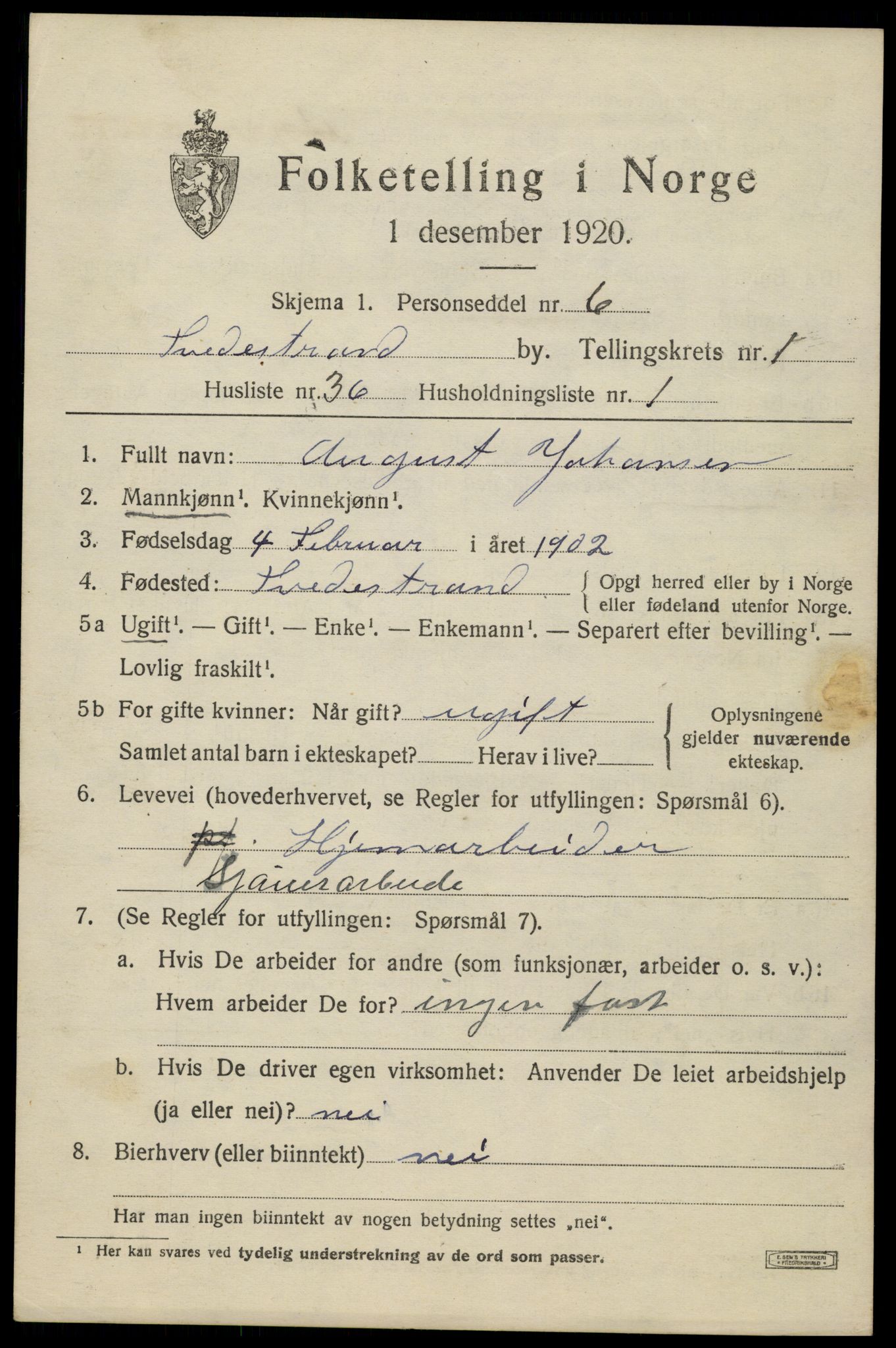 SAK, 1920 census for Tvedestrand, 1920, p. 1691