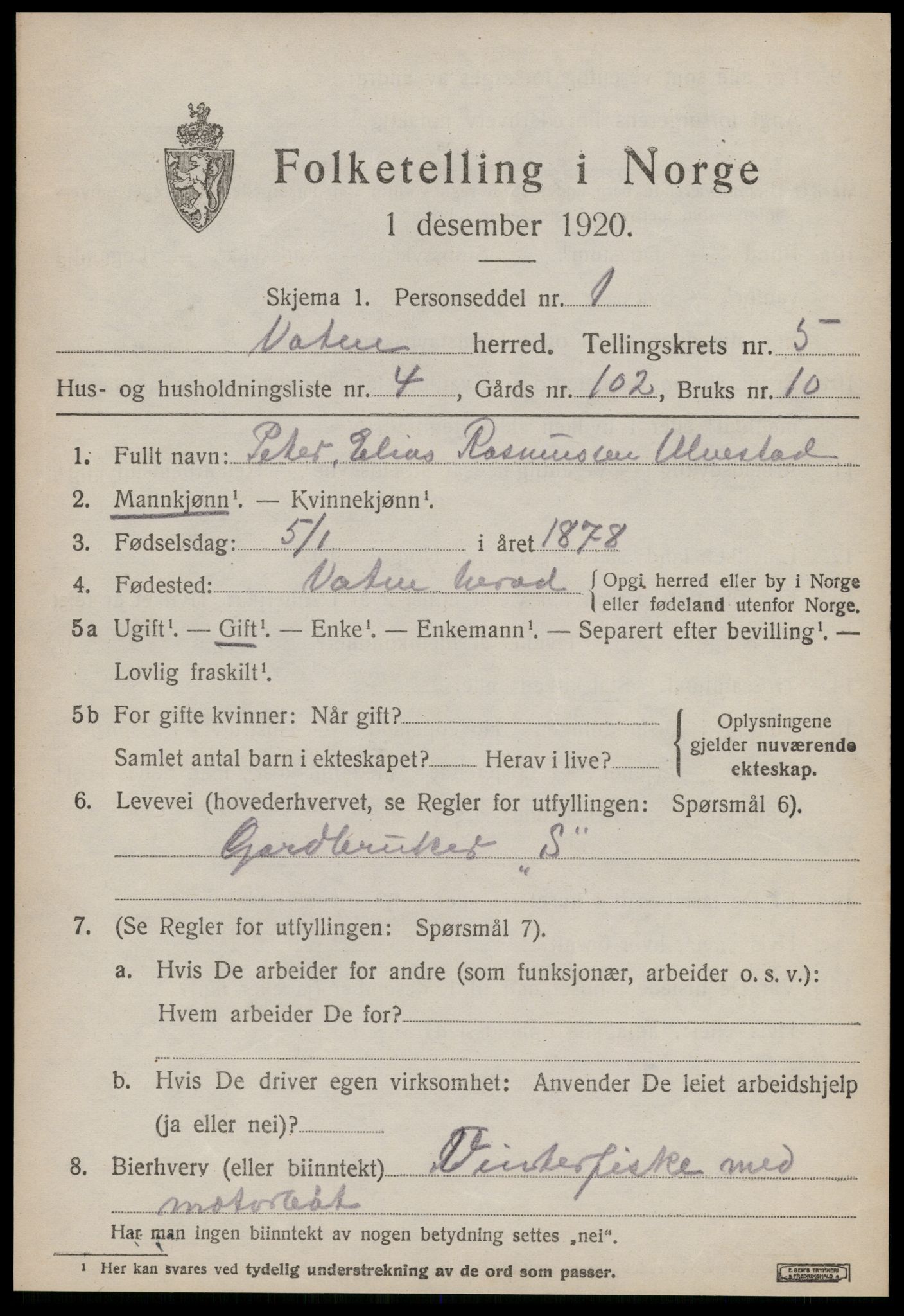 SAT, 1920 census for Vatne, 1920, p. 2192