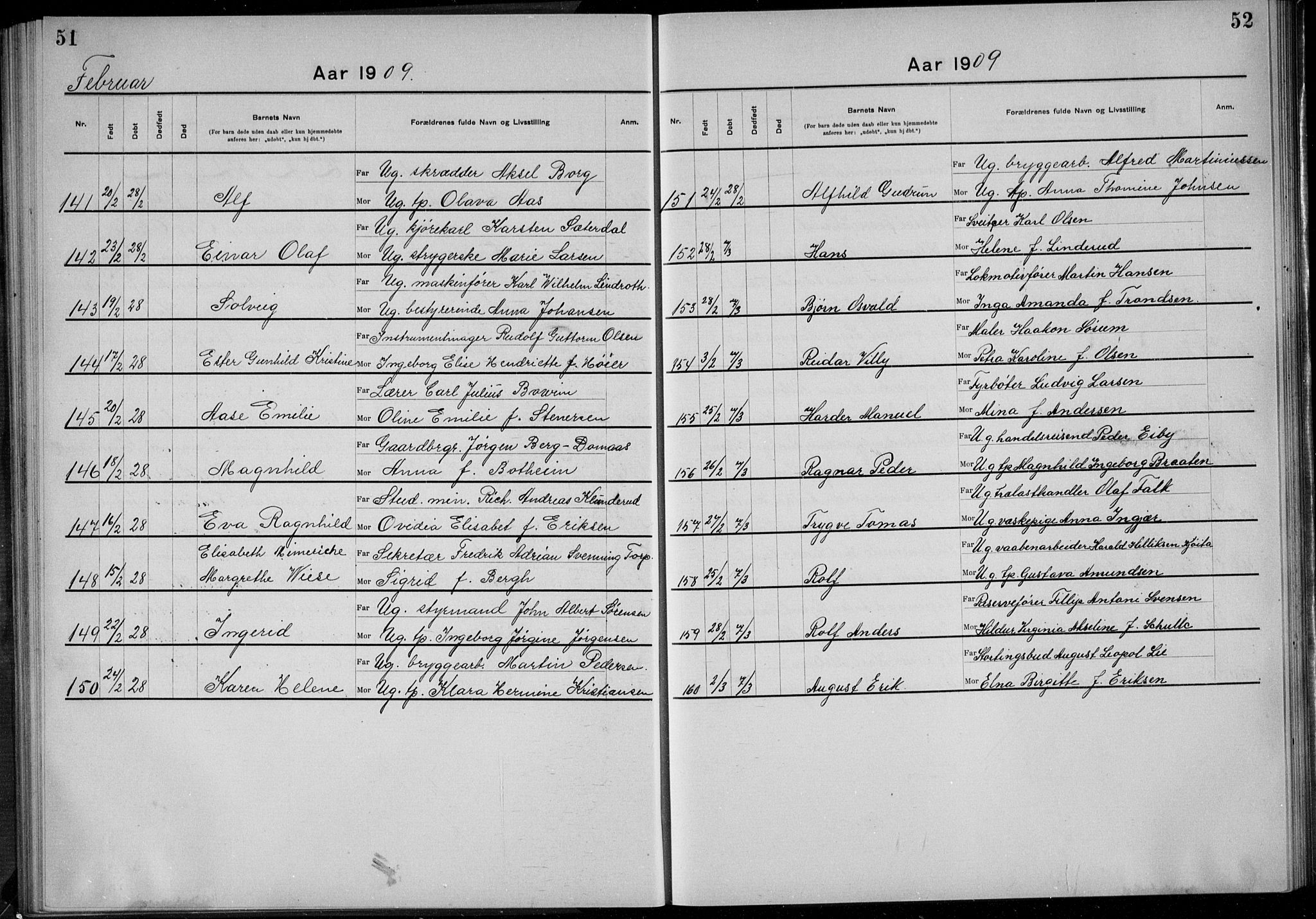 Rikshospitalet prestekontor Kirkebøker, SAO/A-10309b/K/L0006/0003: Baptism register no. 6.3, 1908-1910, p. 51-52