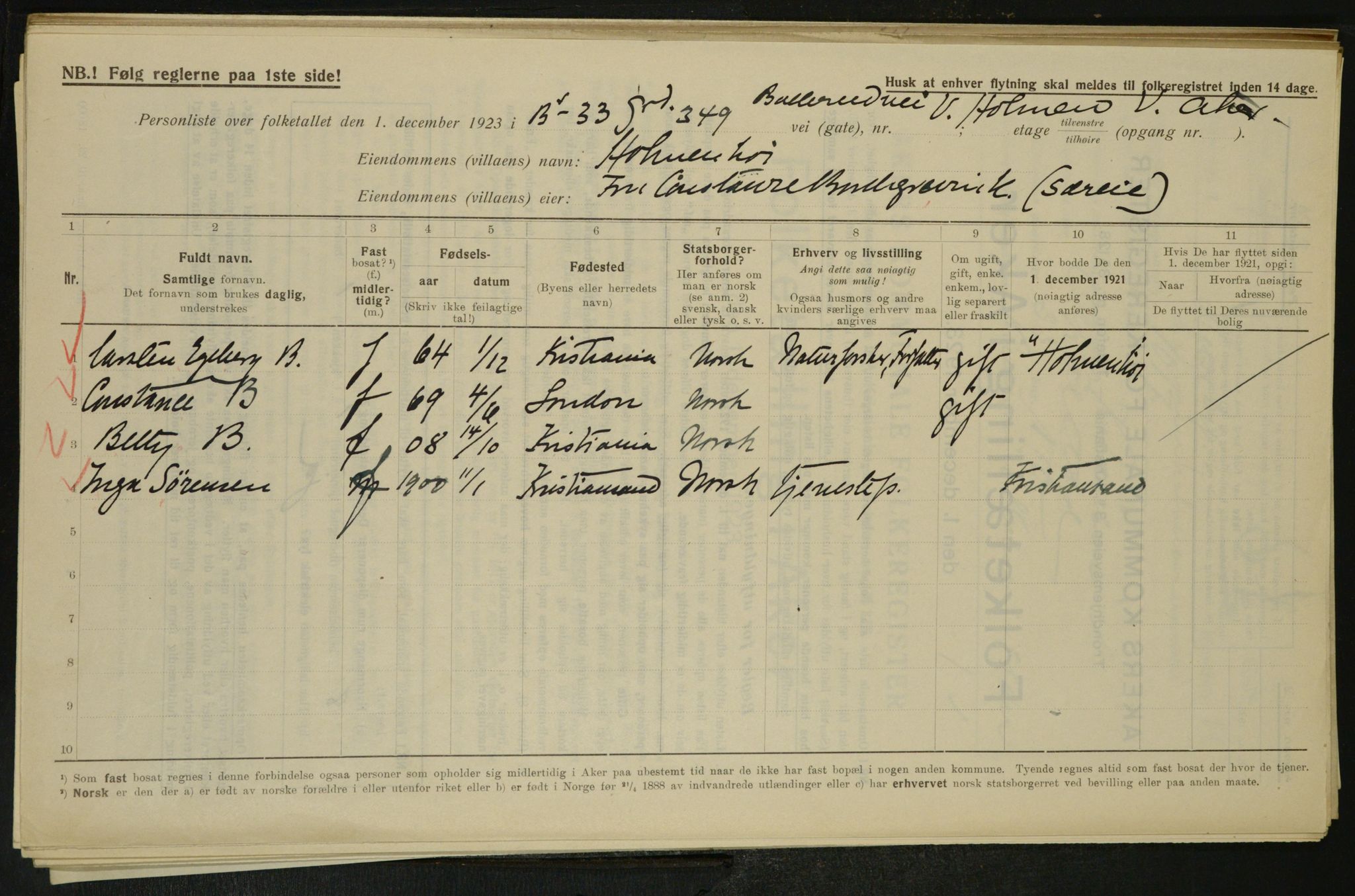 , Municipal Census 1923 for Aker, 1923, p. 2806