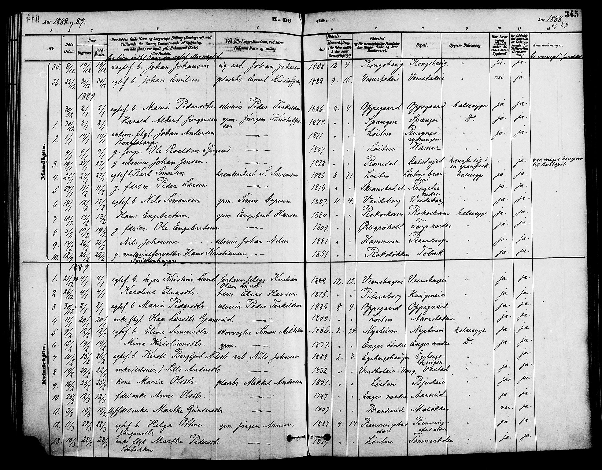 Løten prestekontor, AV/SAH-PREST-022/K/Ka/L0009: Parish register (official) no. 9, 1878-1891, p. 345