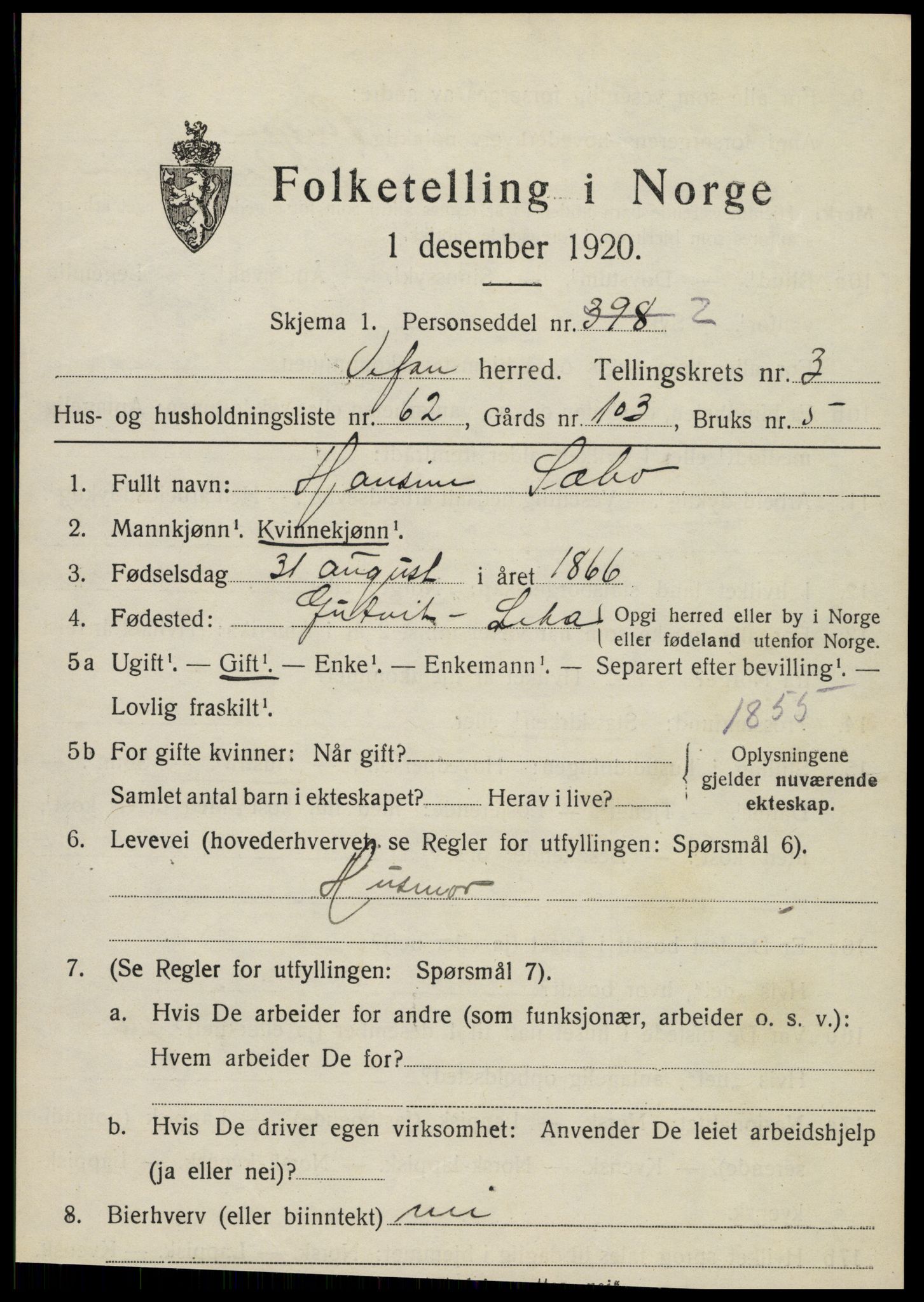 SAT, 1920 census for Vefsn, 1920, p. 2821