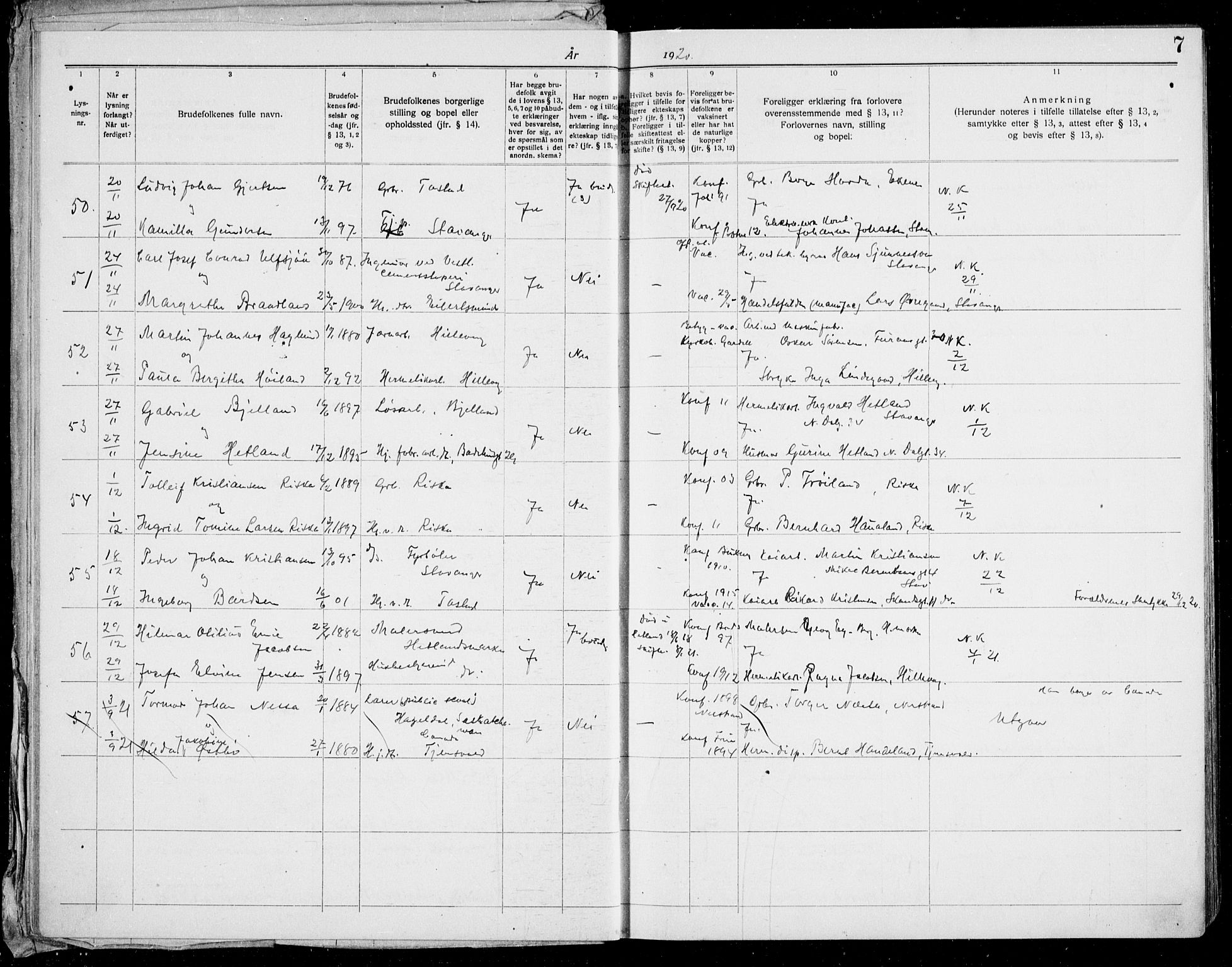 Hetland sokneprestkontor, AV/SAST-A-101826/70/705BA/L0006: Banns register no. 705.BA.6, 1919-1939, p. 7