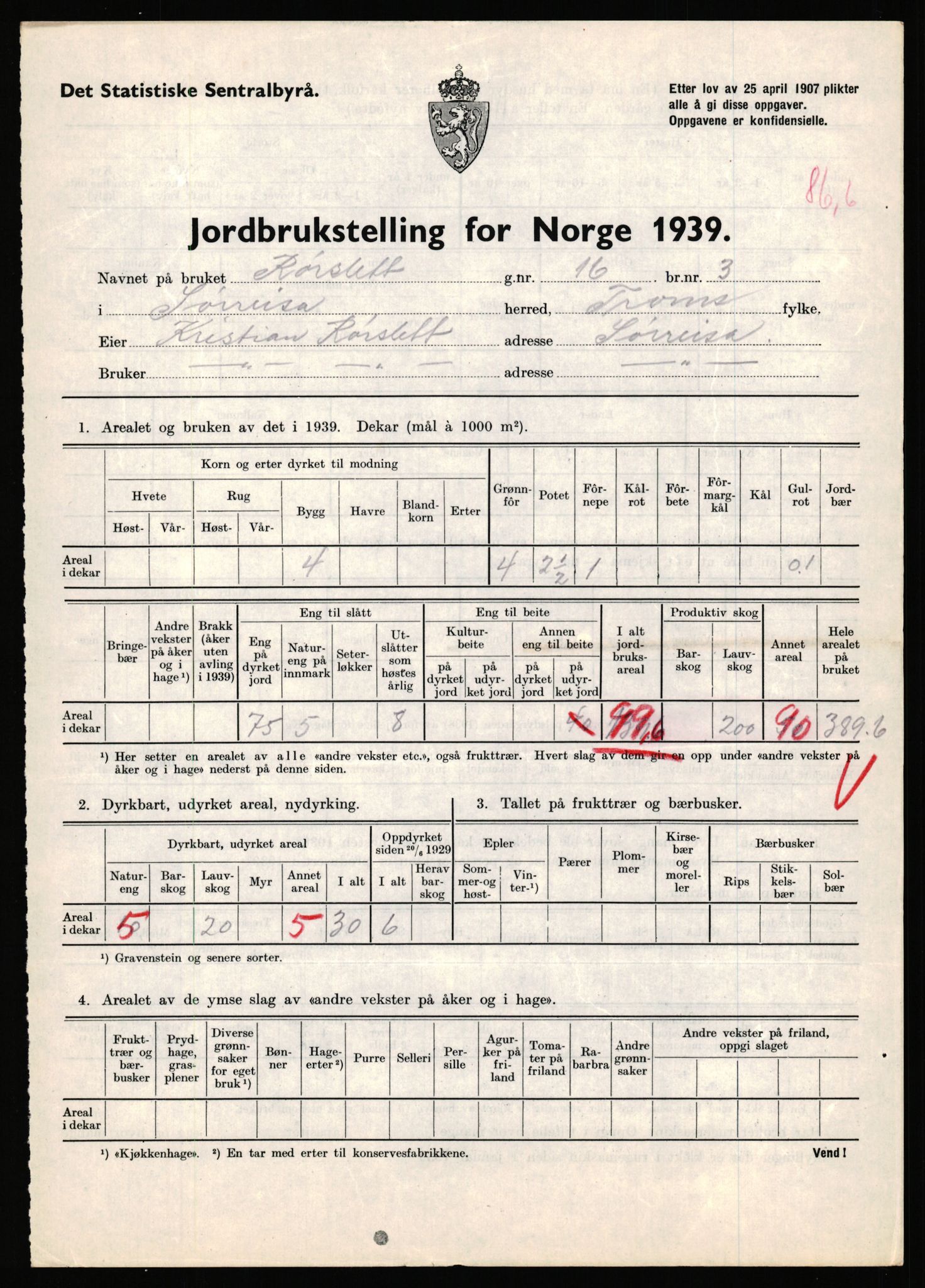 Statistisk sentralbyrå, Næringsøkonomiske emner, Jordbruk, skogbruk, jakt, fiske og fangst, AV/RA-S-2234/G/Gb/L0341: Troms: Sørreisa og Tranøy, 1939, p. 783