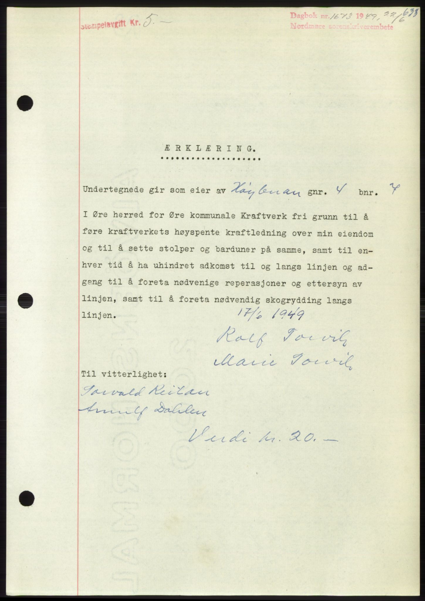 Nordmøre sorenskriveri, AV/SAT-A-4132/1/2/2Ca: Mortgage book no. B101, 1949-1949, Diary no: : 1673/1949