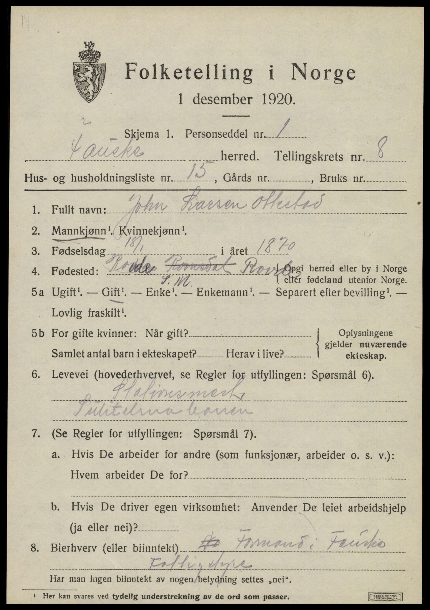 SAT, 1920 census for Fauske, 1920, p. 6462